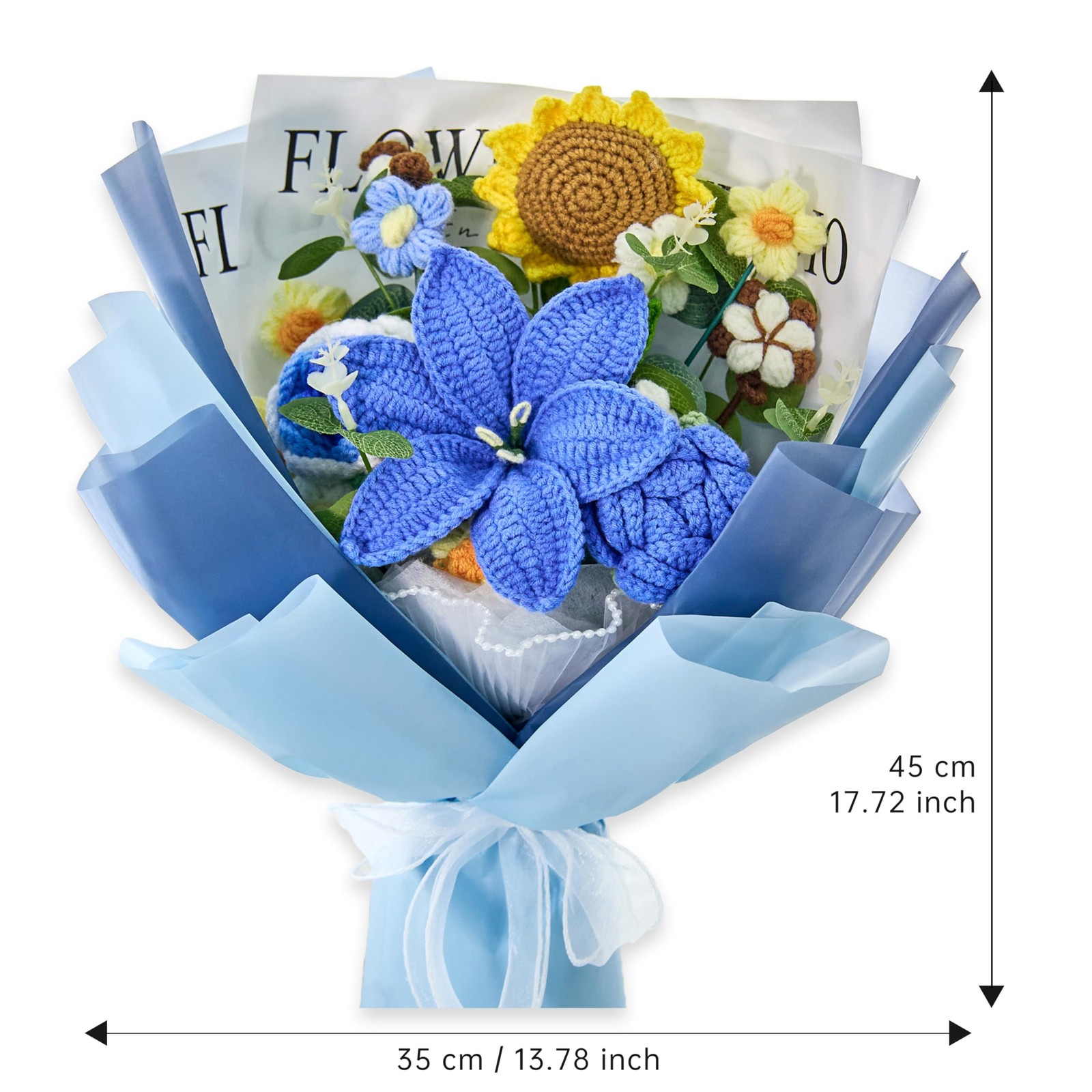 Crochet Flowers, Blue Crochet Flower Bouquet with 14 Knitted Flowers Sunflowe…