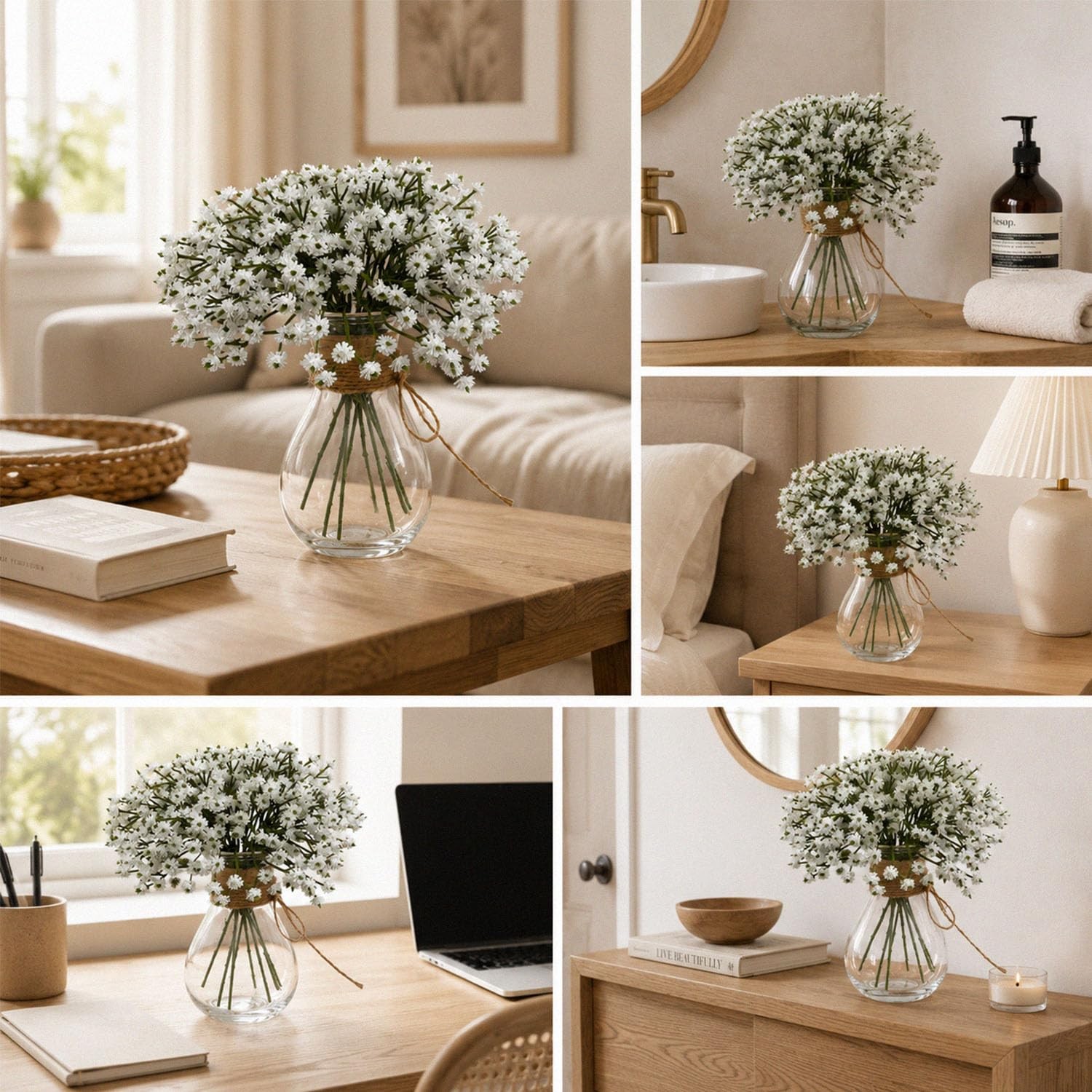 9 Pcs Babys Breath Artificial Flowers with Glass Vase, 8″ Real Touch Faux Gyp…