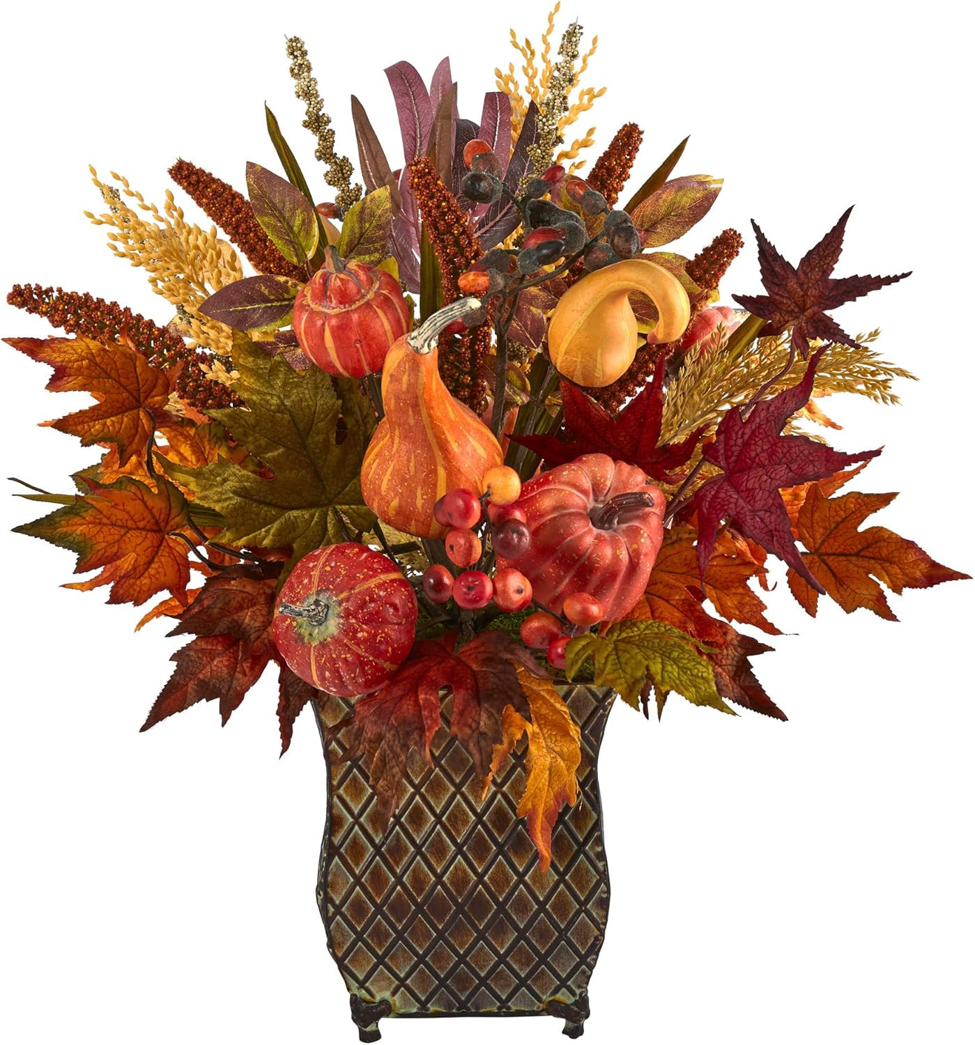 21″ Pumpkin & Maple Leaf Harvest Arrangement in Metal Planter