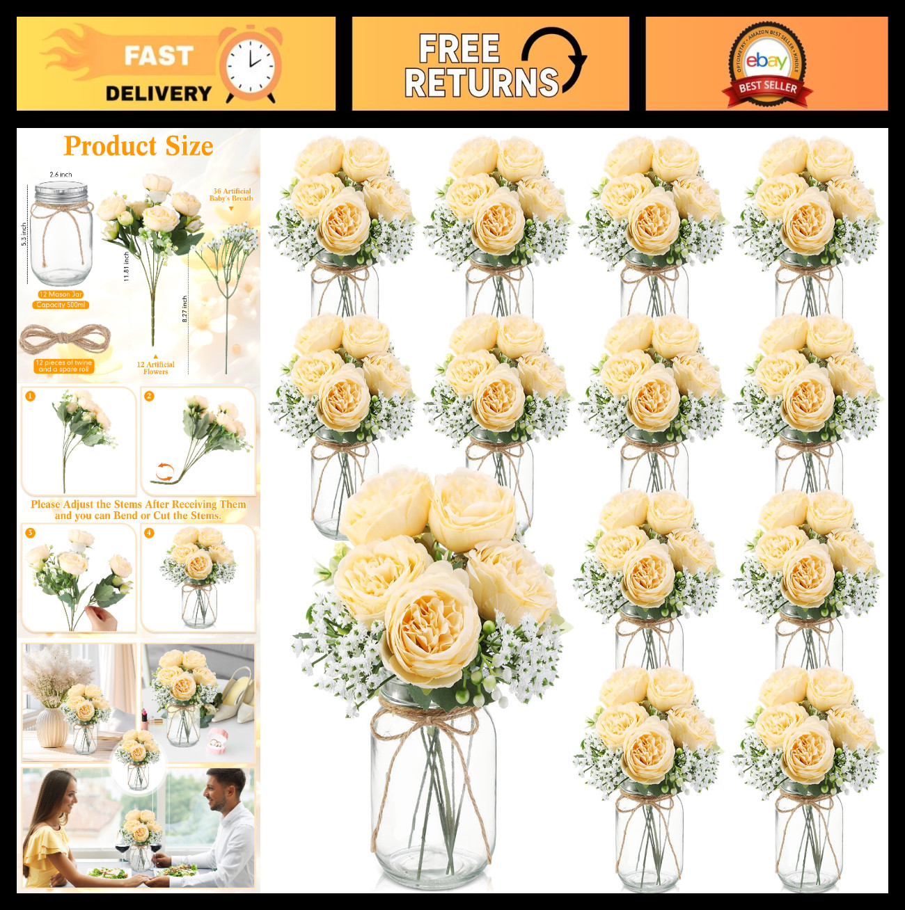 12 Sets Rustic Mason Jar Centerpieces, Faux Peony & Baby’s Breath Bouquets, Wedd