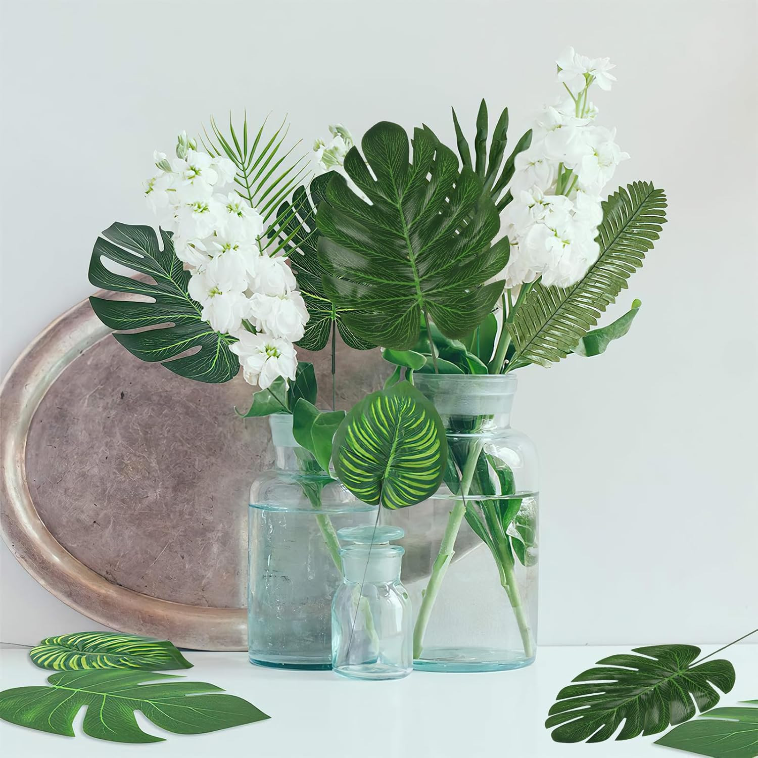 54 Pieces 7 Kinds Artificial Tropical Leaf Jungle Leaves Plant Safari Leaves Dec