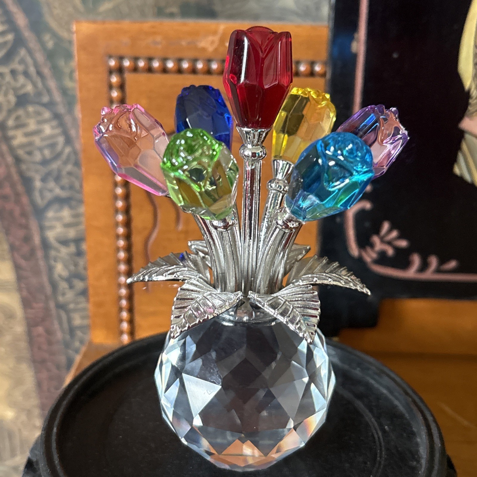 Colorful Rose Flower Crystal Figurines with Vase, Bouquet Flowers Ornament