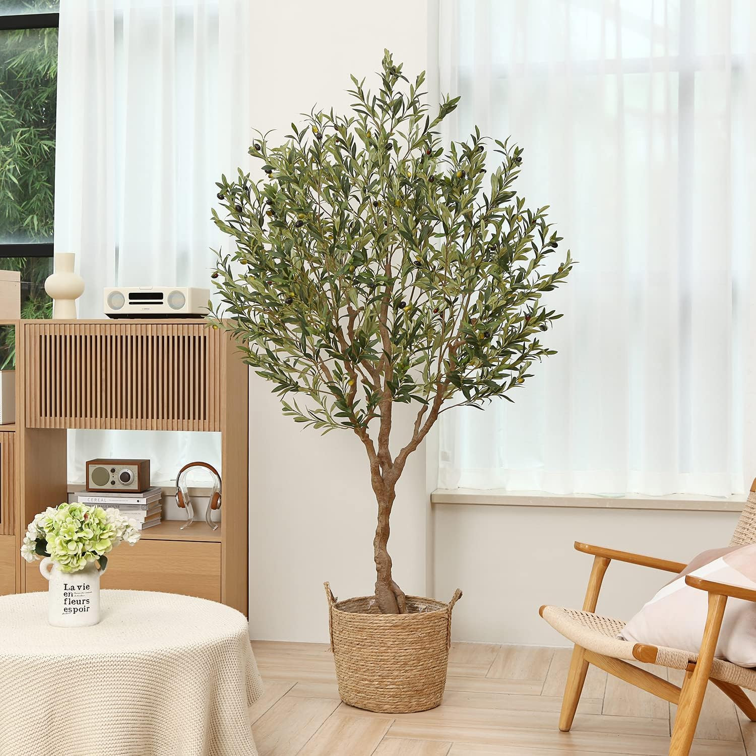 Olive Trees Artificial Indoor,7Ft Tall Fake Tree in Black Pot | Faux Olive Tree