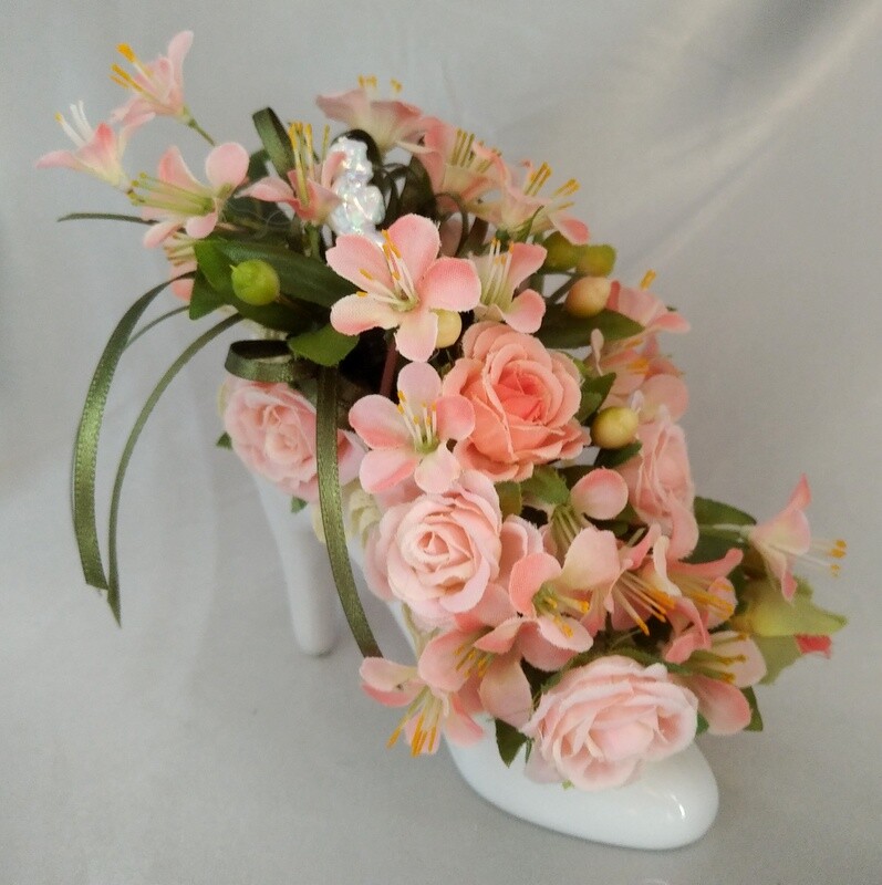 Lot (2) High Heeled Shoe Floral Arrangements w/ Cherubs (Pink/Purple & Peach)