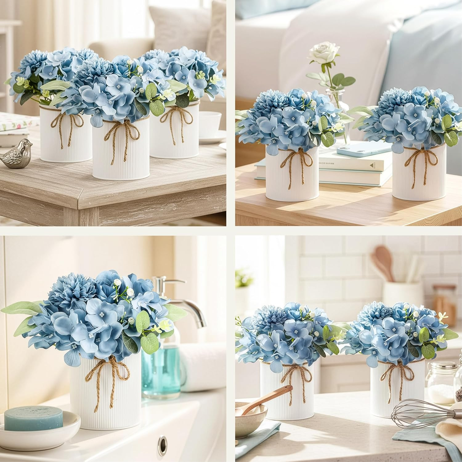 Dusty Blue Hydrangea Centerpieces – 10PCS Silk Flowers with Vase for Events