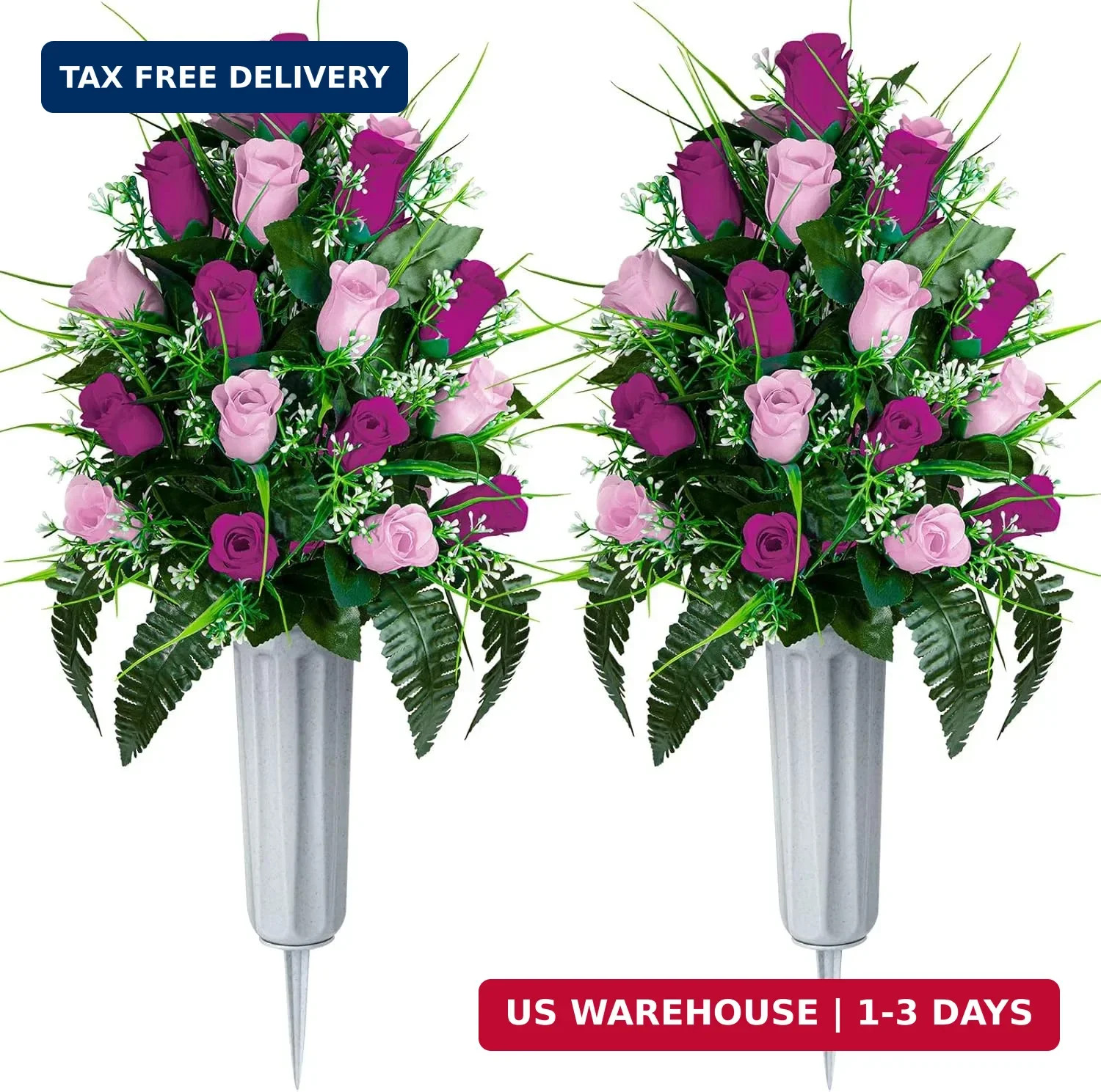 Artificial Cemetery Flowers – Set of 2 Grave Memorial Rose Flowers with Vase for