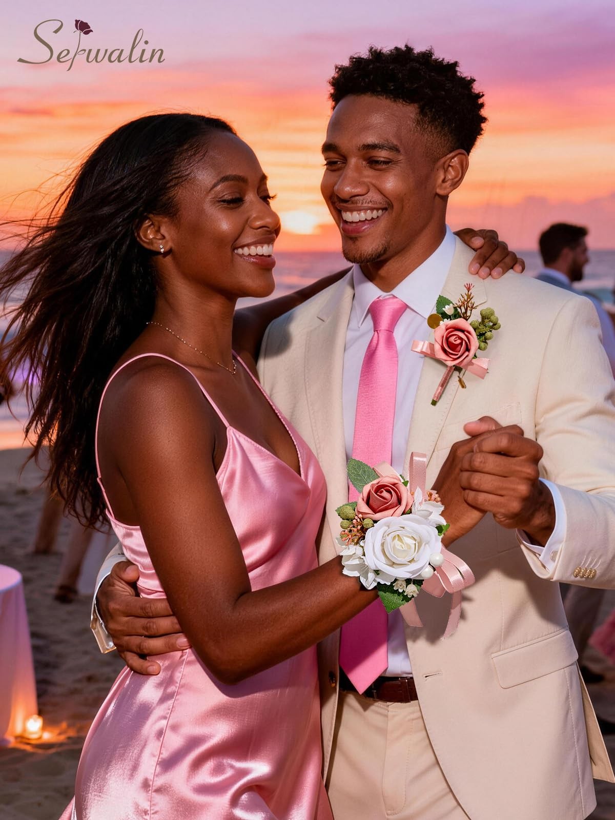 Pink Artificial Rose Corsage and Boutonniere Set Wristlet for Prom Wedding