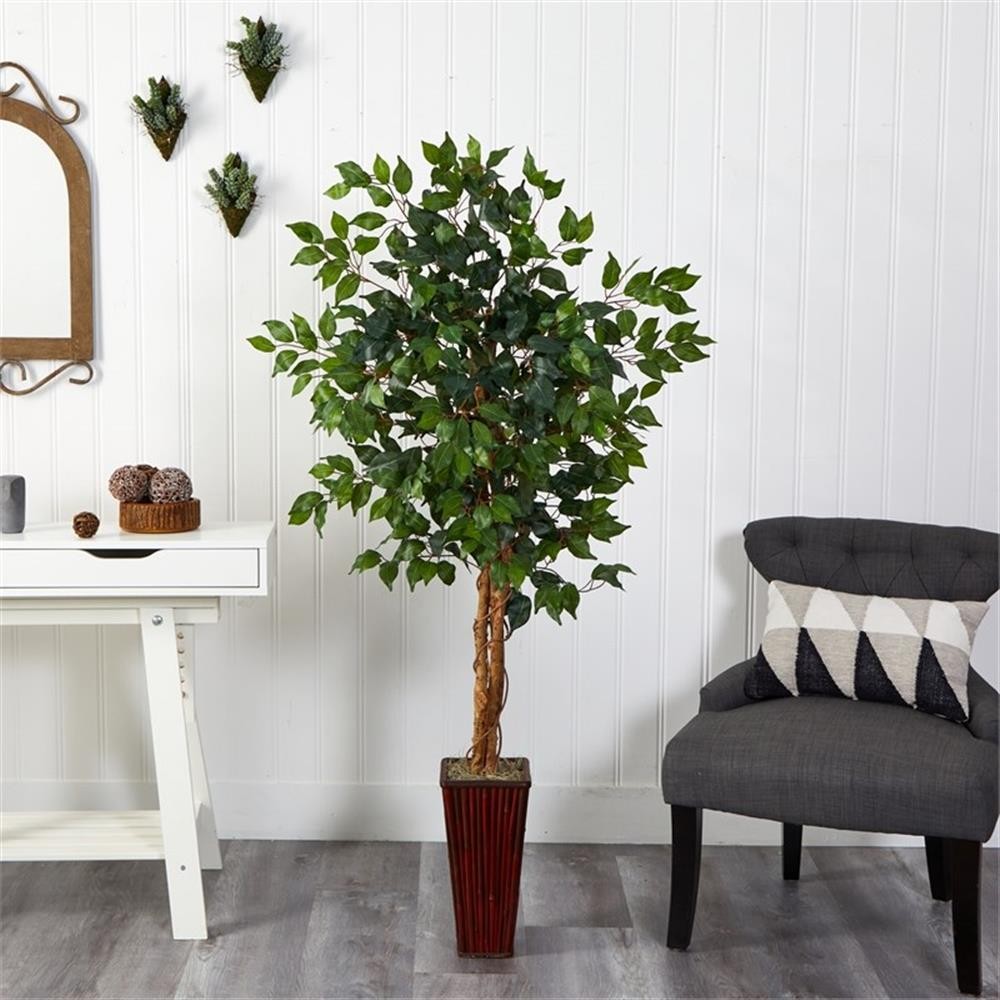 Pemberly Row 66″ Ficus Tree with Bamboo Planter in Green/Brown