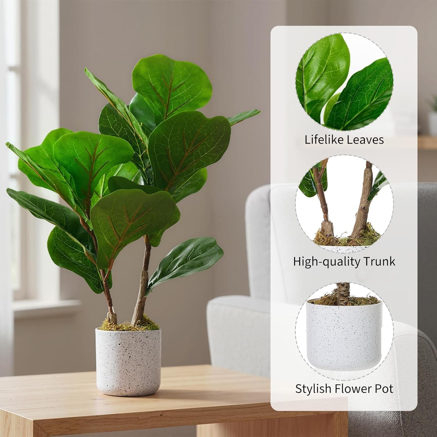 2 Pack Faux Fiddle Leaf Tree 15.7in White Marble Pot Cement Base Home Office