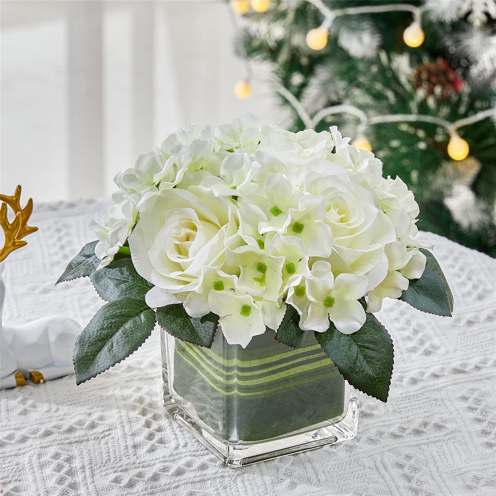 Spring White Artificial Silk Rose Flower Centerpiece Arrangement In Vase Home
