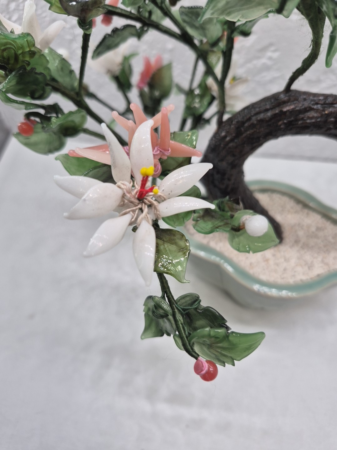 Vintage Chinese Glass Stone Jade Cherry Blossom Bonsai Tree Pink & White Flowers