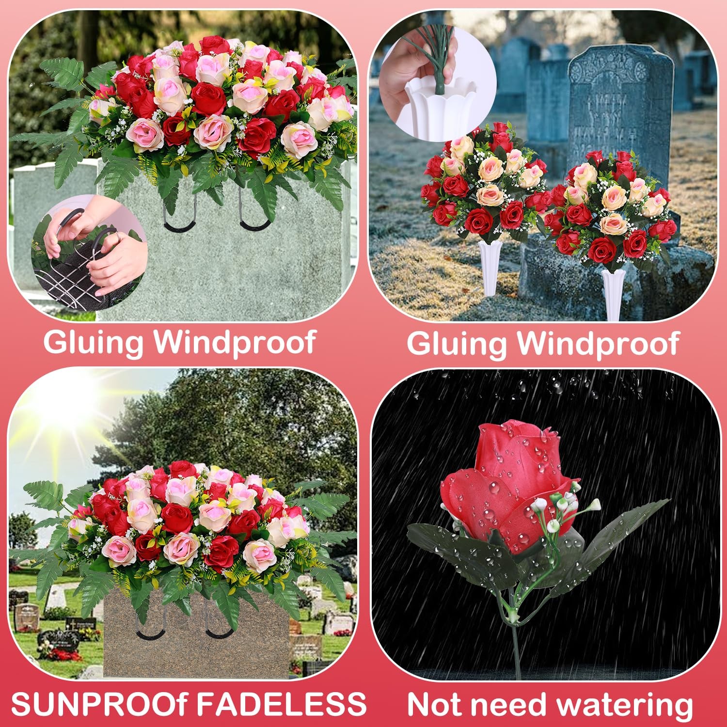 Artificial Cemetery Flower Saddles 3 Pcs Rose Red White Outdoor Memorial Flowers
