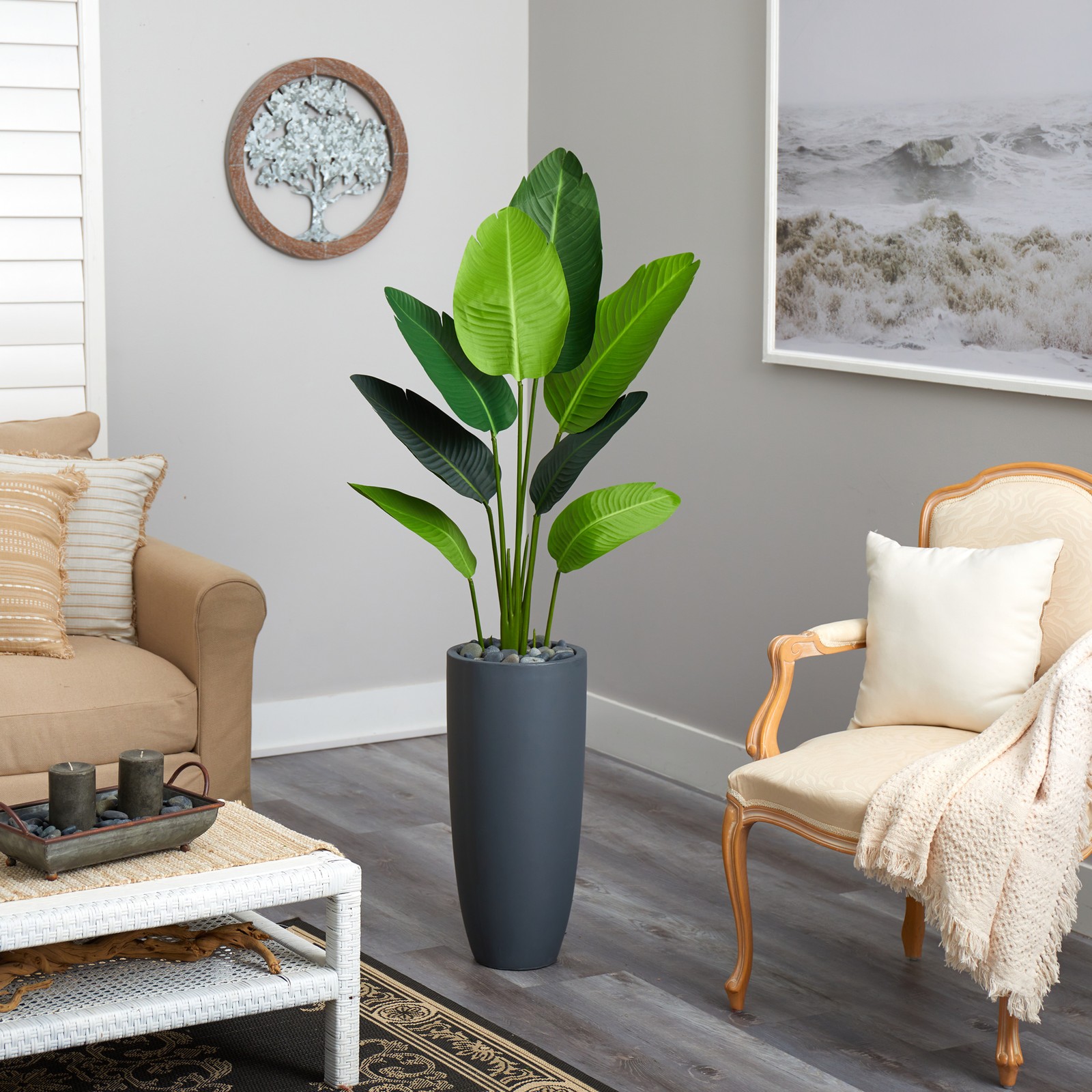 Nearly Natural 66″ Travelers Palm Artificial Tree in Gray Planter in Green/Gray