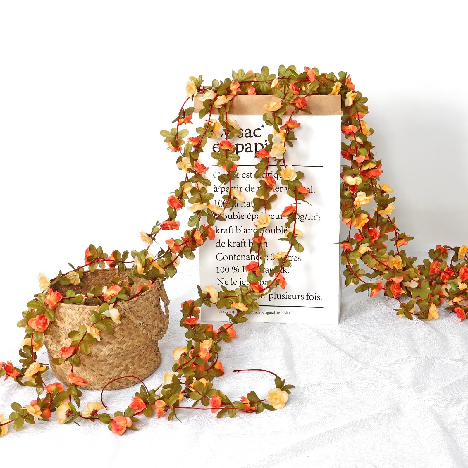 9 Pack 72 FT Artificial Flower Garland, Fake Orange Roses Vines Silk Flowers …