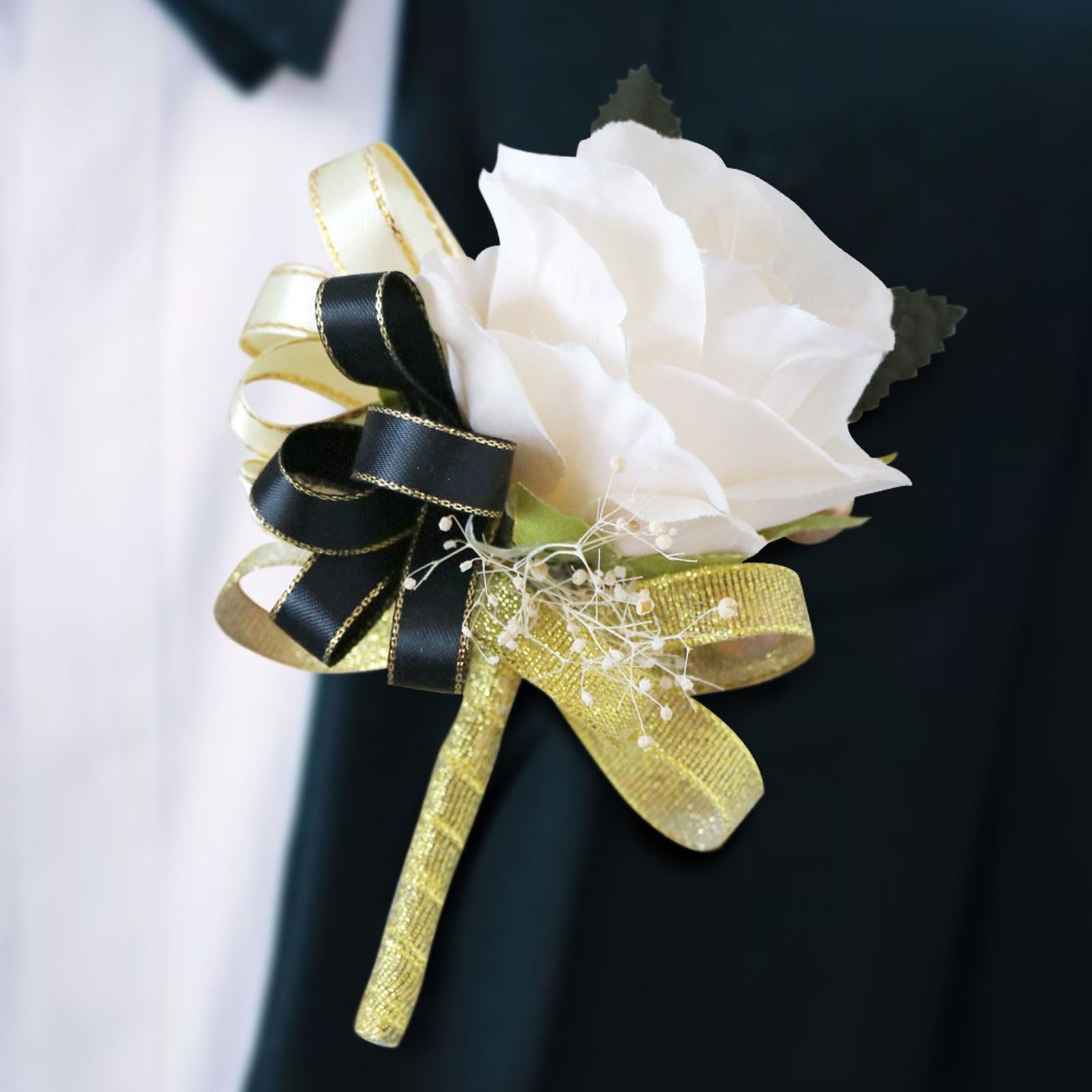 2 PCS Ivory Black Rose Wrist Corsage Boutonniere Set Wedding Prom Flower Suit