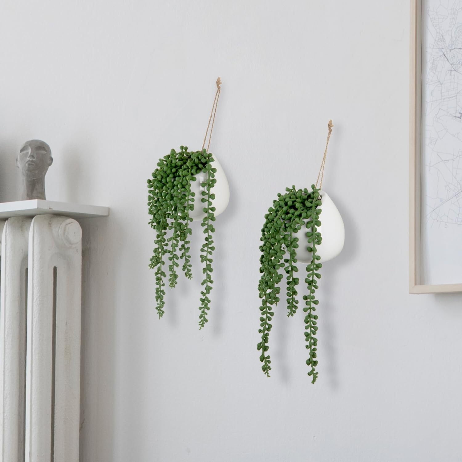 MyGift Artificial String of Pearls Plants in White Ceramic Wall-Hanging Planters