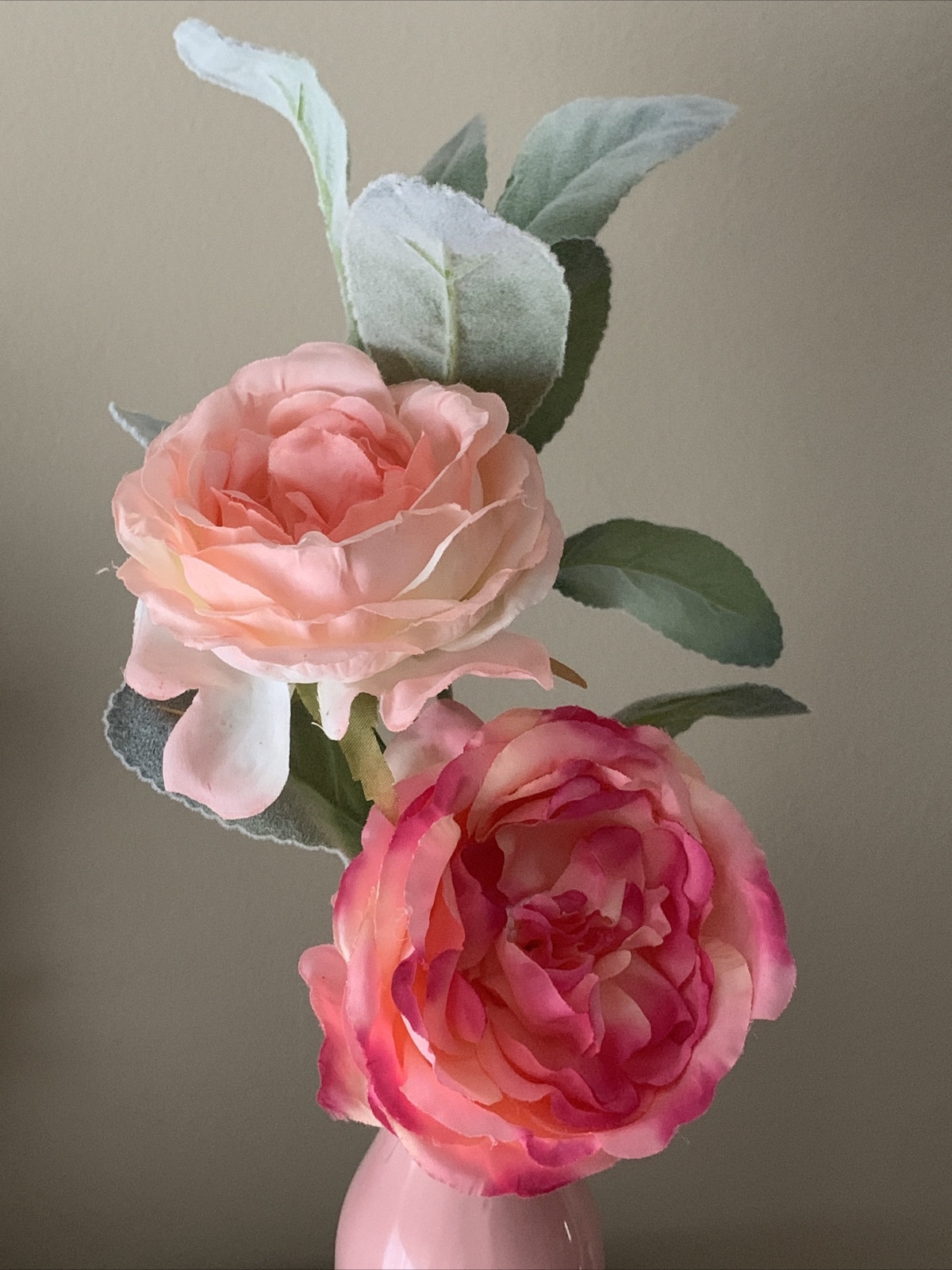 13” pink glass vase roses lambs ear stem farmhouse decor Floral Arrangement ❤️tb