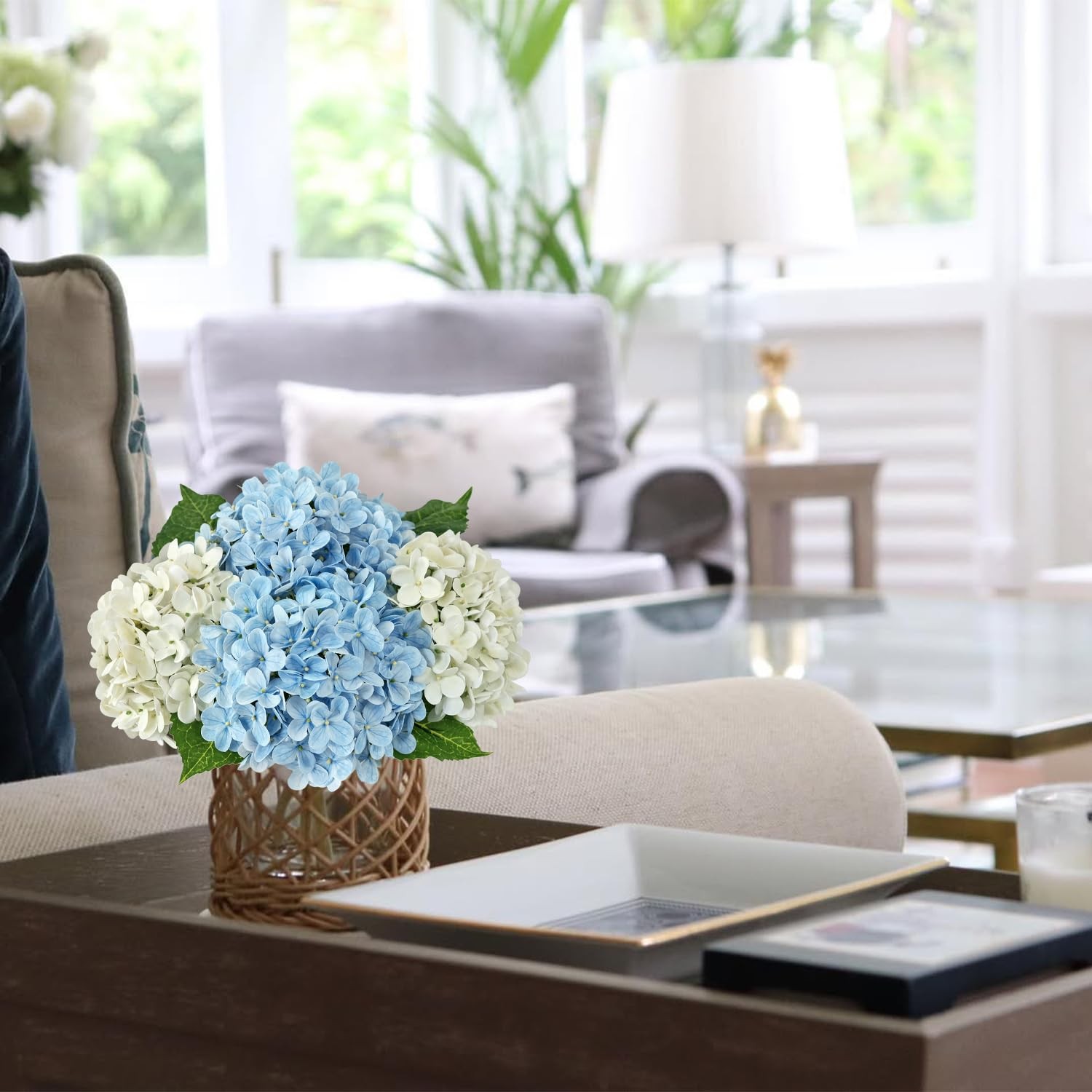 4Pcs Hydrangea Artificial Flowers, 20″ Lifelike Latex Silk Real Touch Faux Hy…