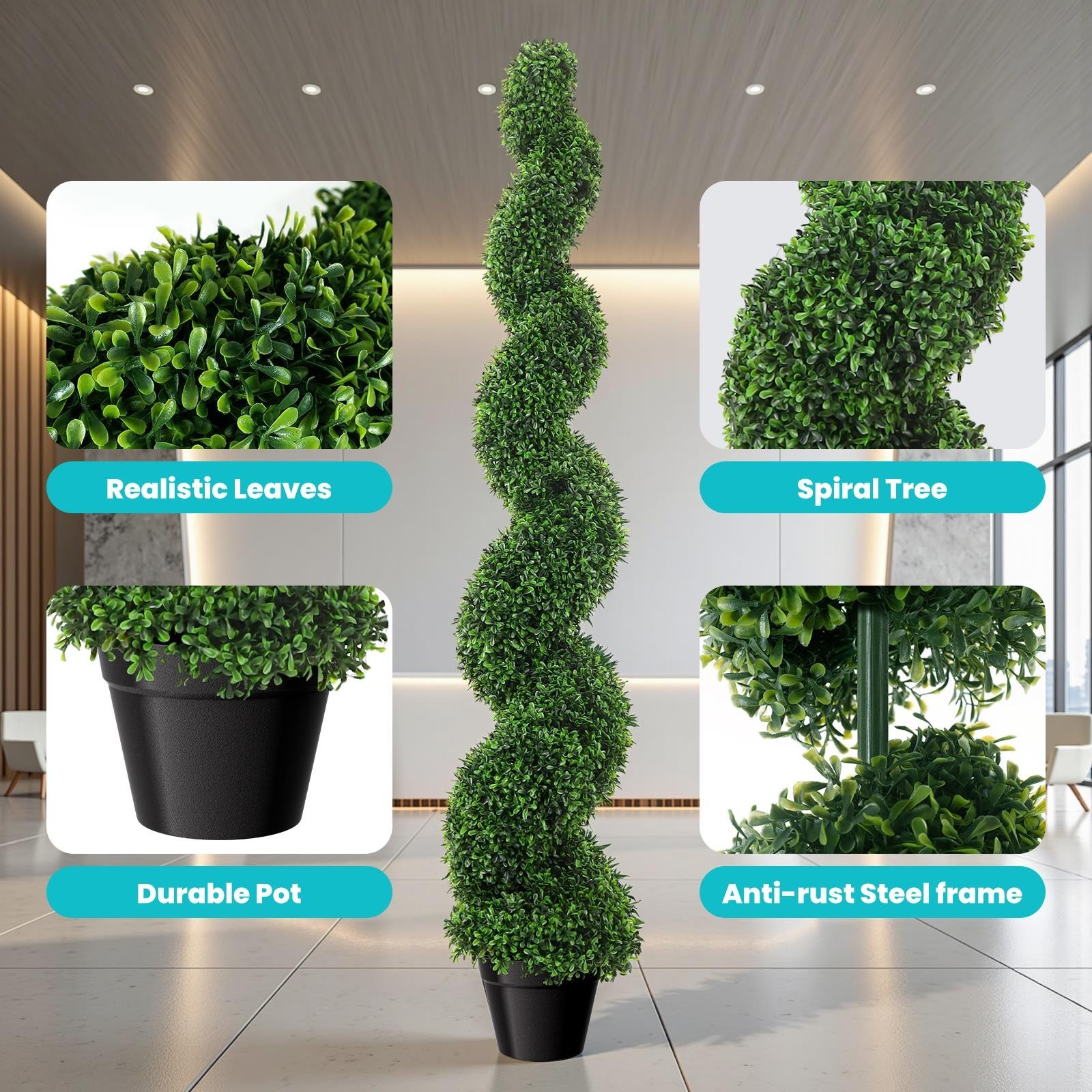 5ft Artificial Boxwood Spiral Topiary Trees, 2Pcs Faux Tree Indoor&Outdoor Decor