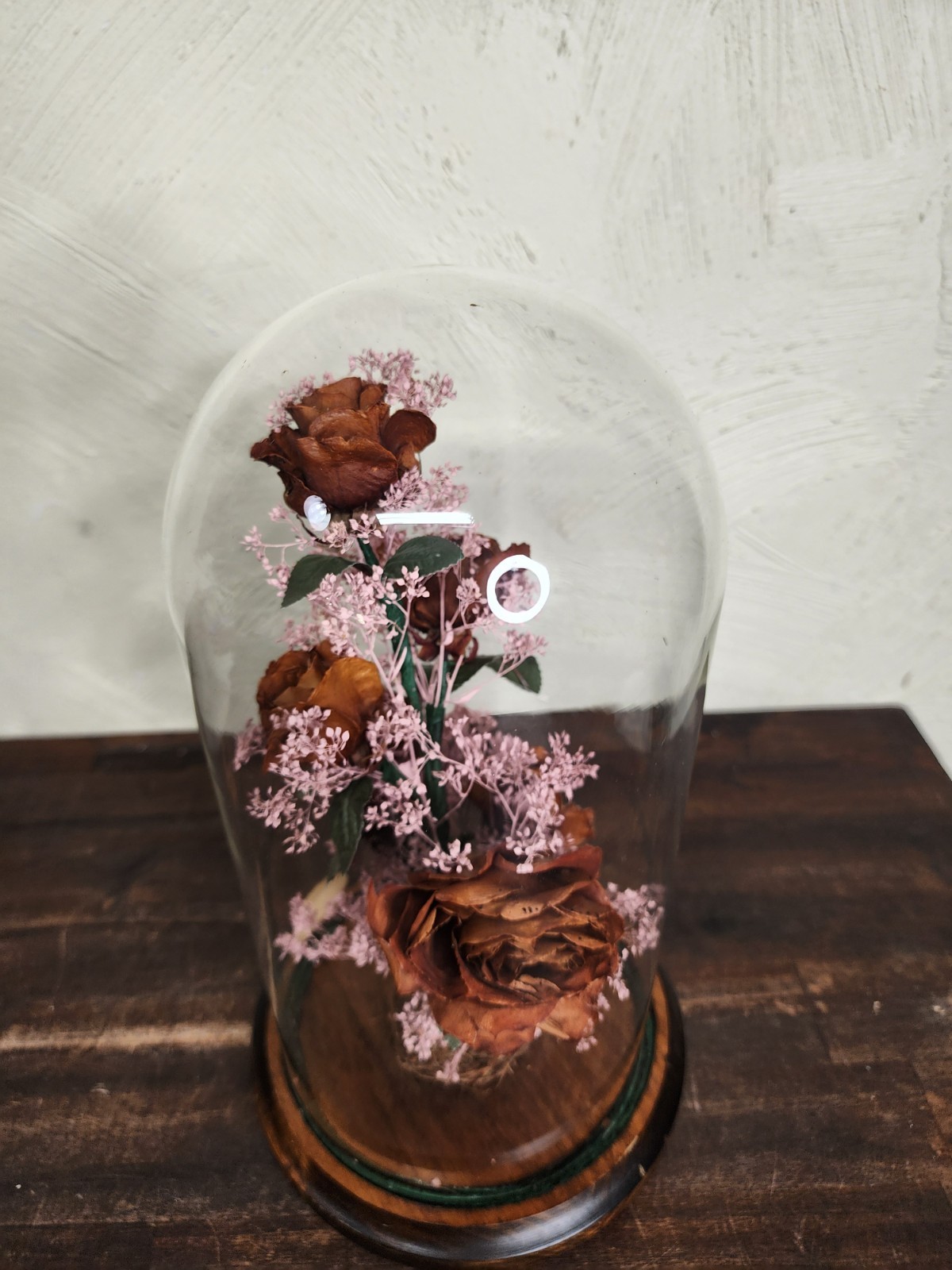 Vintage NATURAL ROSES TYLER TX Dried Flower Glass Dome Cloche Arrangement