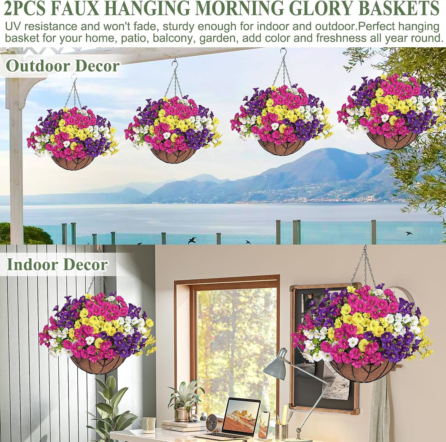 Faux Silk Morning Glory Hanging Flower Baskets – 2 Set for Indoor/Outdoor Decor