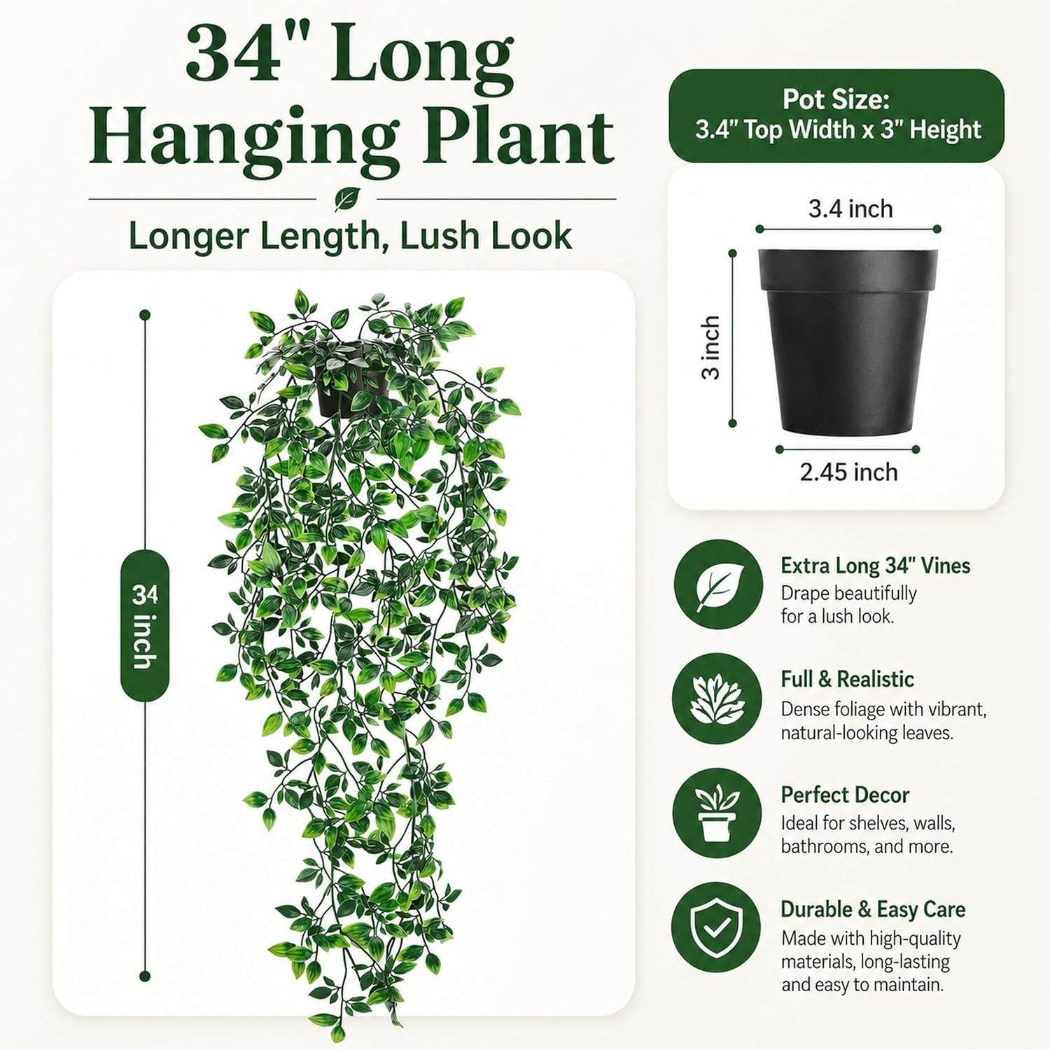 34” Fake Hanging Plant Black Pot for Bathroom Wall Decor | 34” cascading gr…