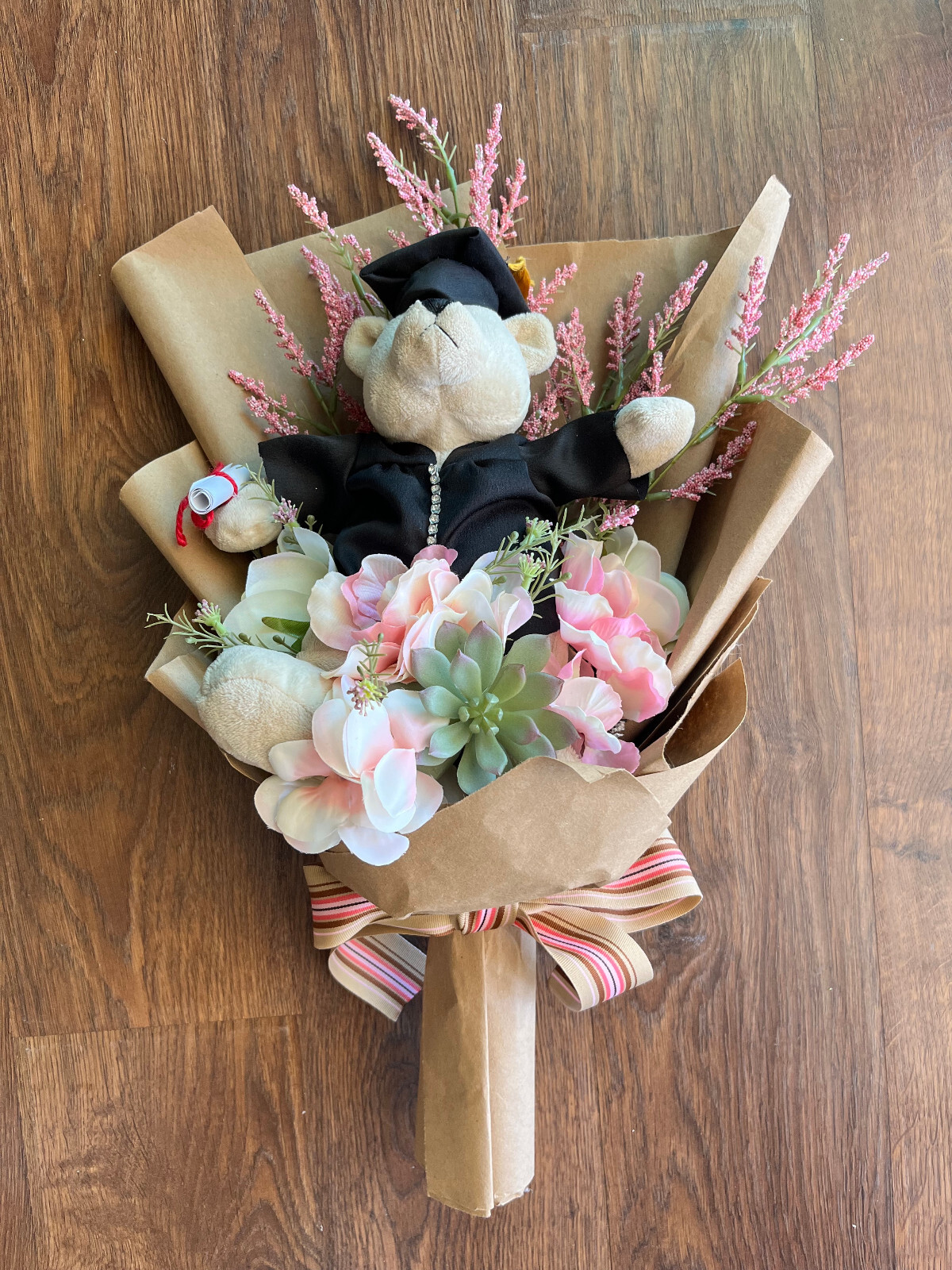 Hand Made Graduation Plush Bear Pink Artificial Flower Bouquet & Matching Ribbon