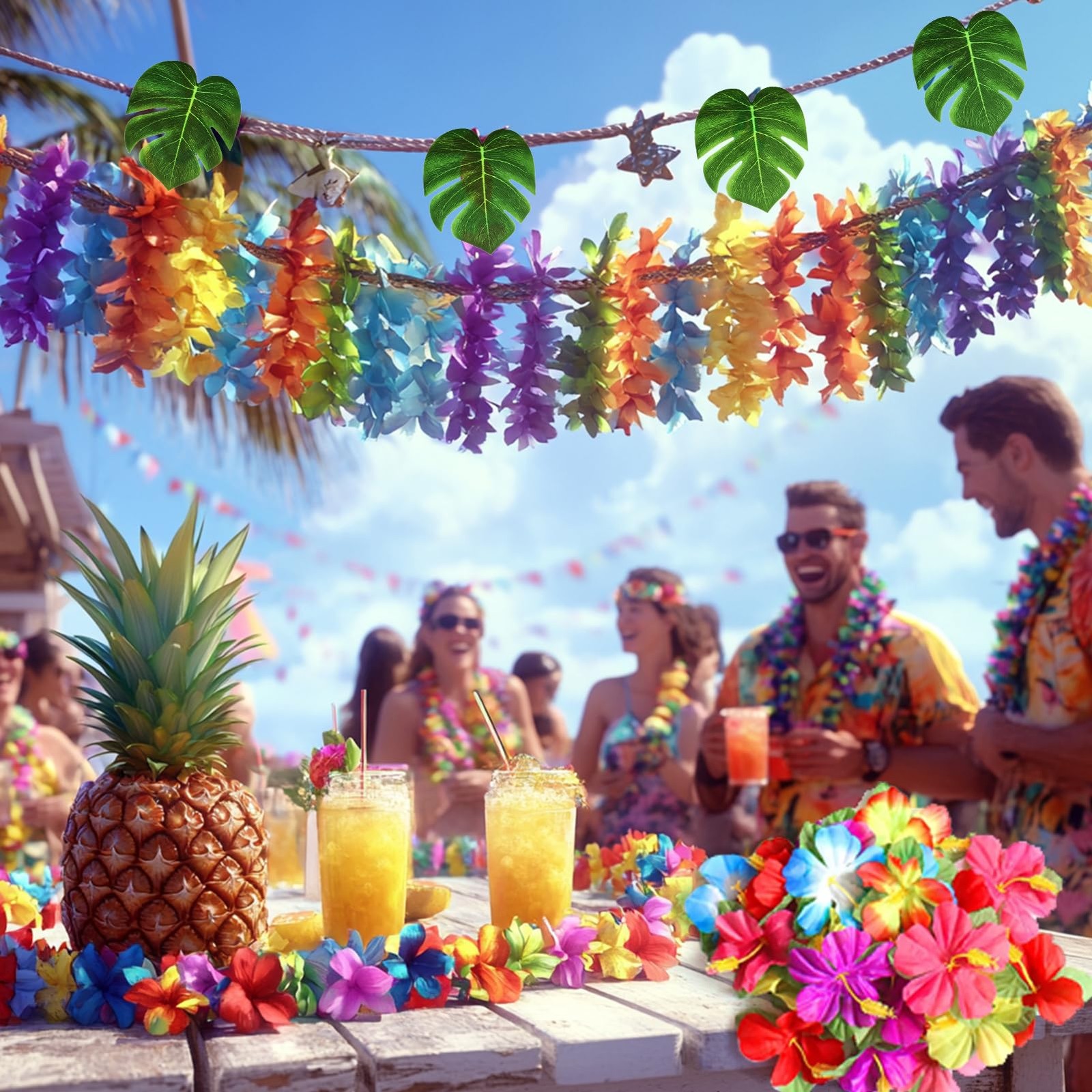 70 Pcs Hawaiian Luau Leis Decorations Supplies, Tropical Palm Leaves Hibiscus…