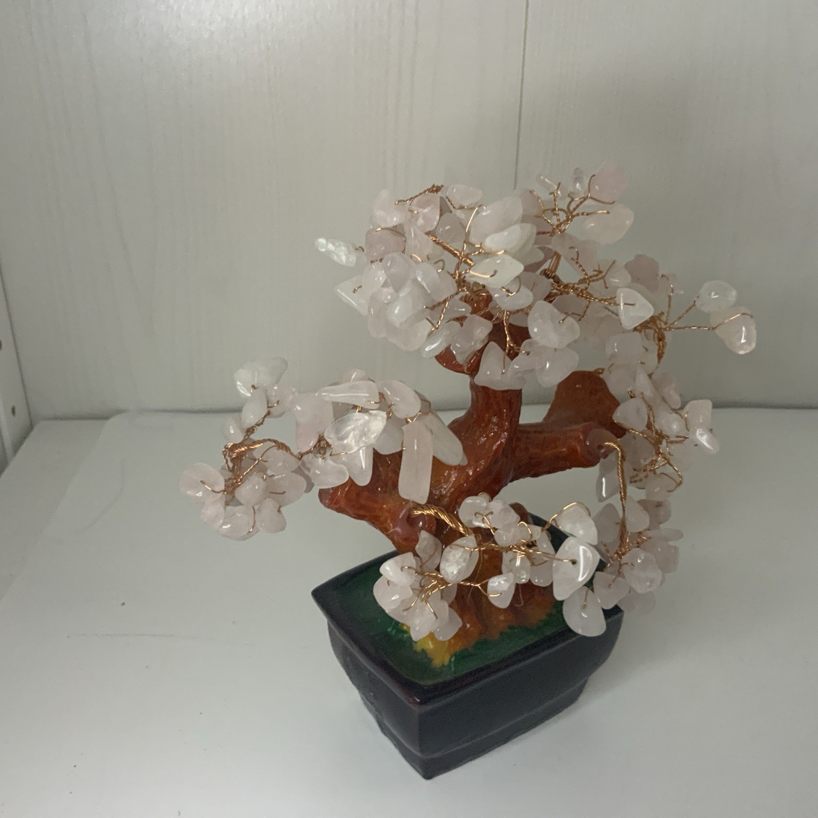Natural Rose Stone Asian Style Bonsai Money Tree Pink Quartz Crystal Feng Shui