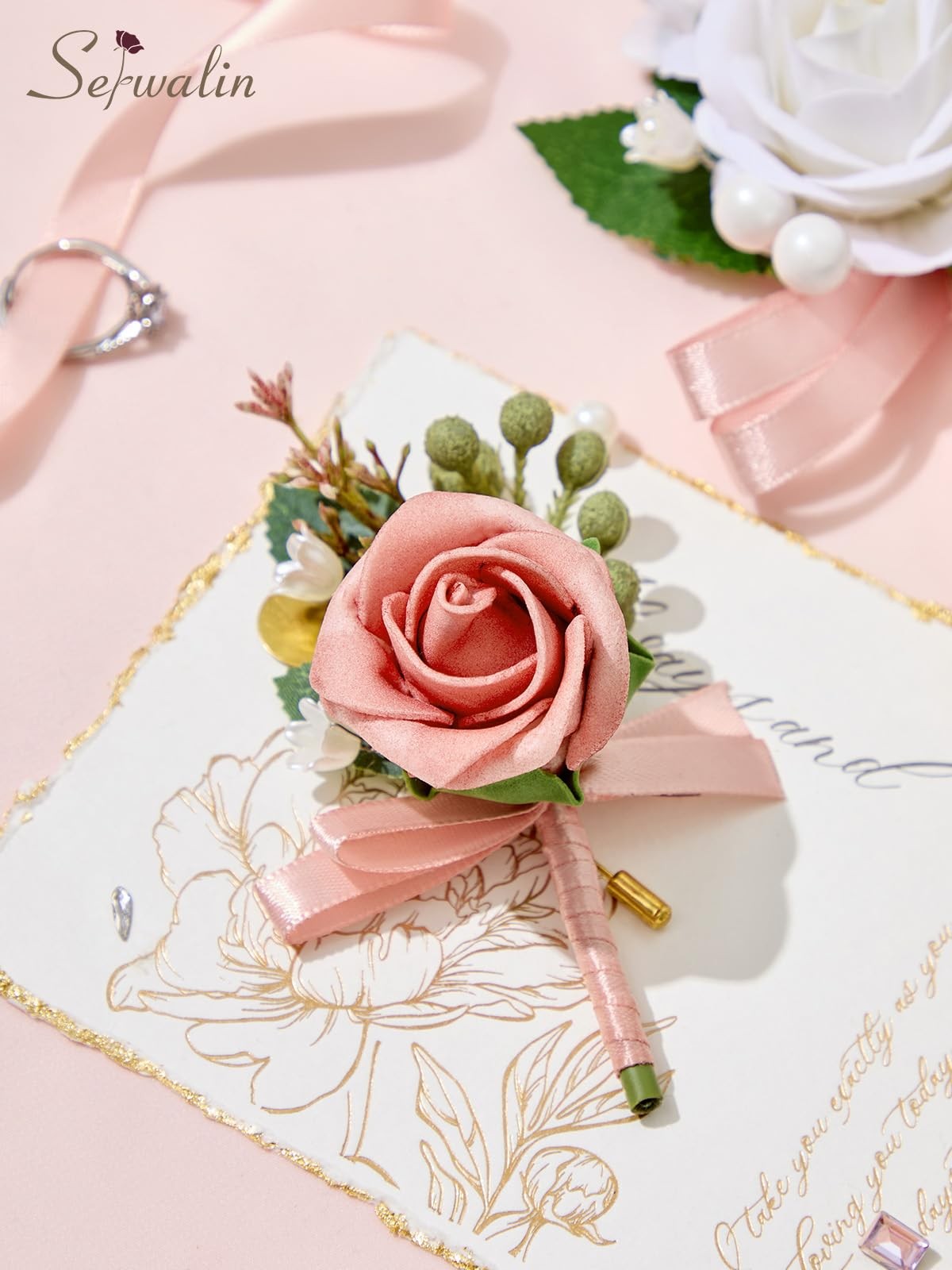 Pink Artificial Rose Corsage and Boutonniere Set Wristlet for Prom Wedding