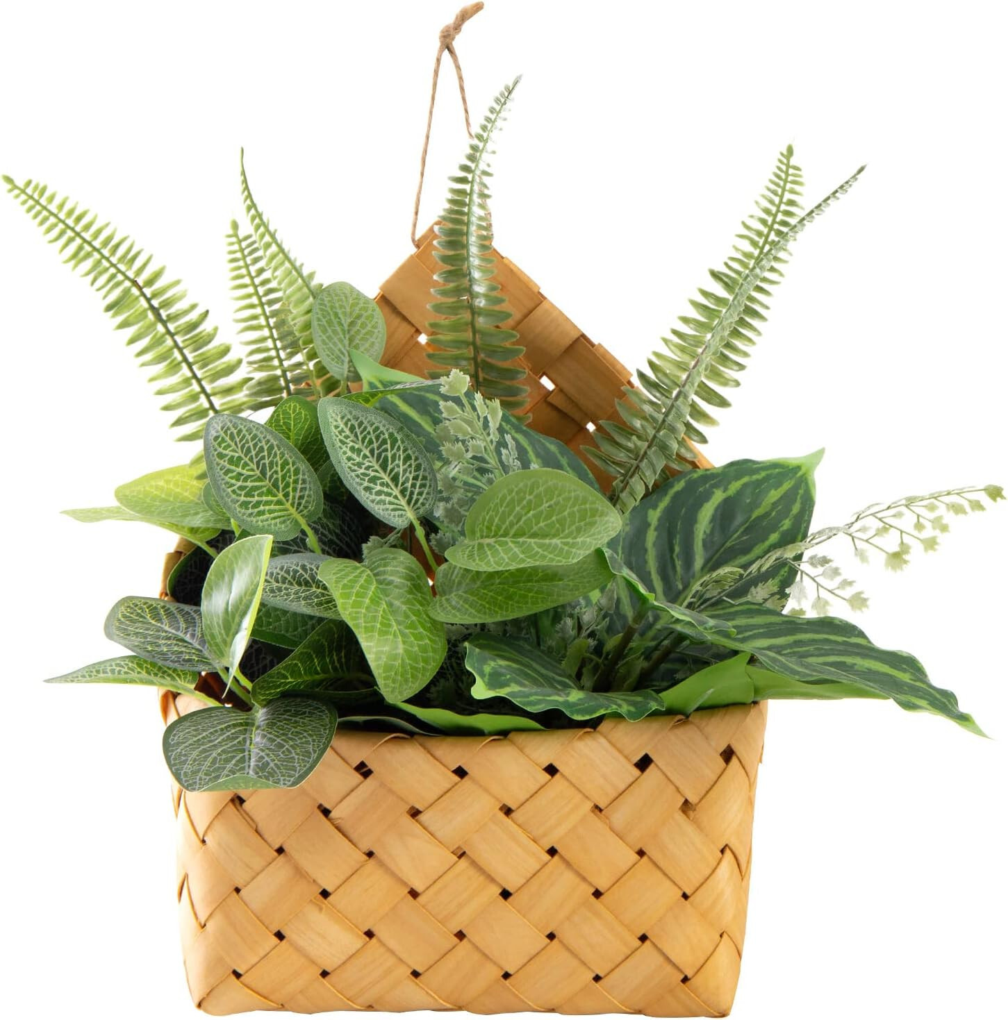 new in box MyGift Artificial Greenery Arrangement in bamboo basket wall hanging