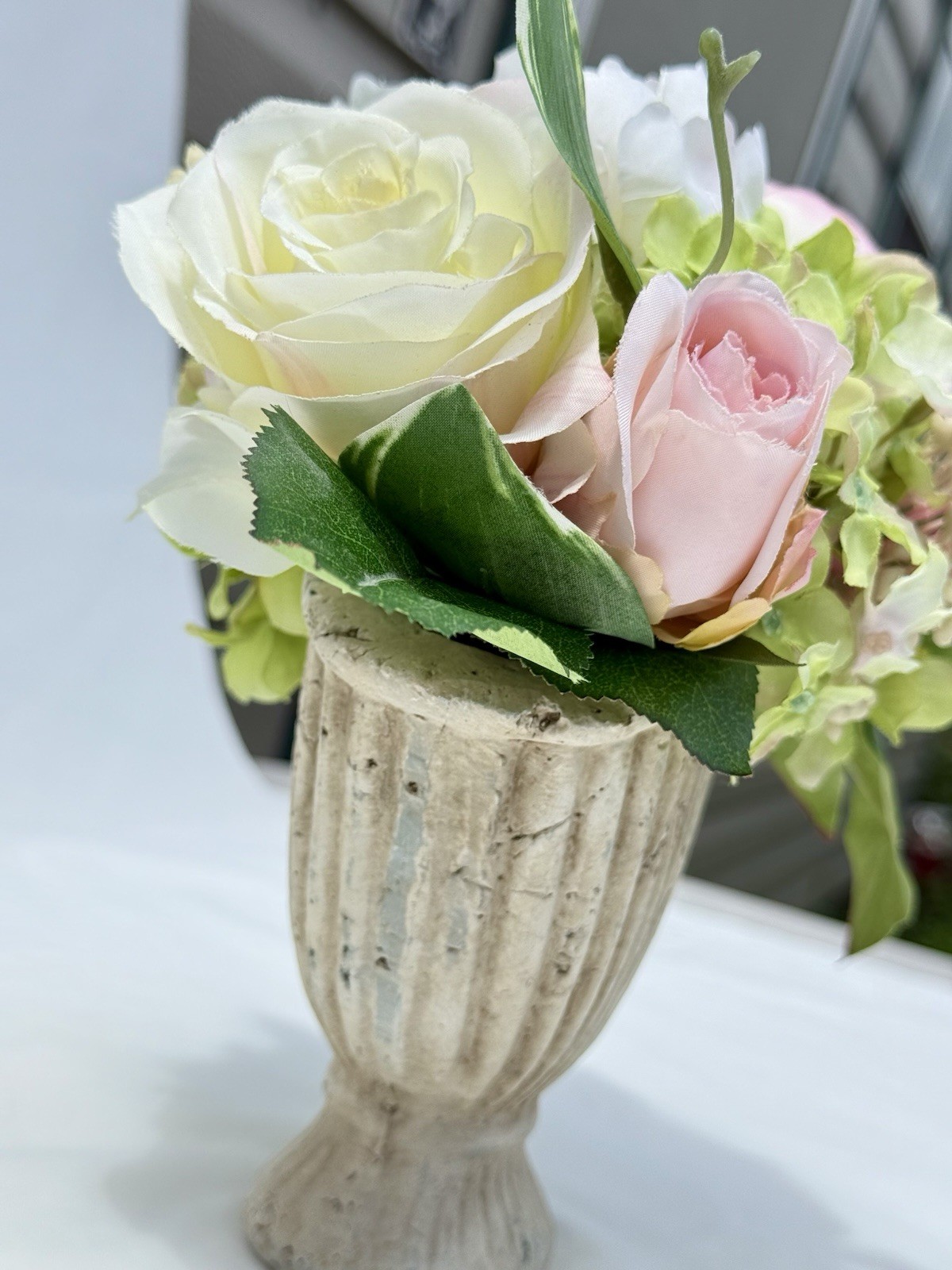 Faux Flower Arrangement in Fluted Urn Vase Cottage Decor
