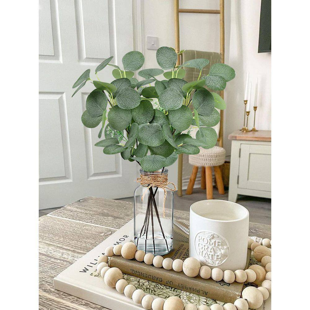 14 In. Green Artificial Eucalyptus Branch Stem 6Pcs Faux Leaf Plant in Glass Vas