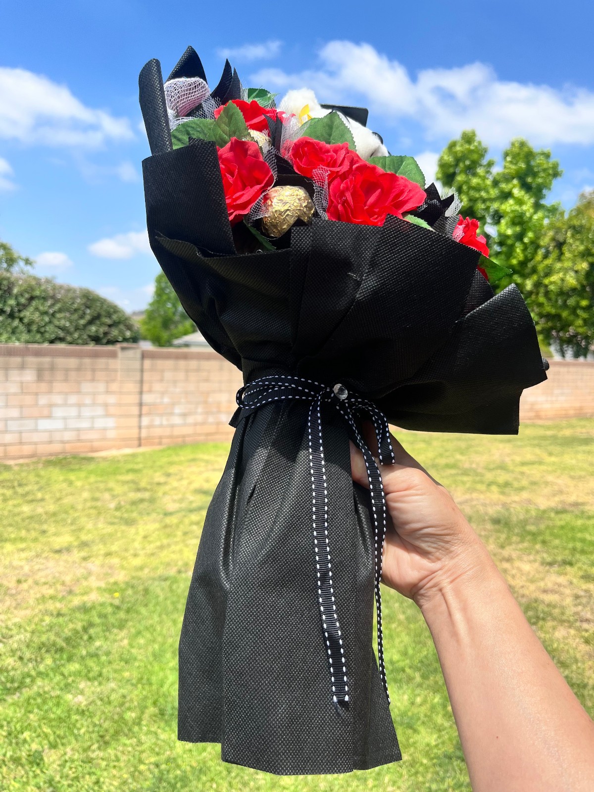 Graduation Bouquet with Teddy Bear, Ferrero Rocher & Red Roses
