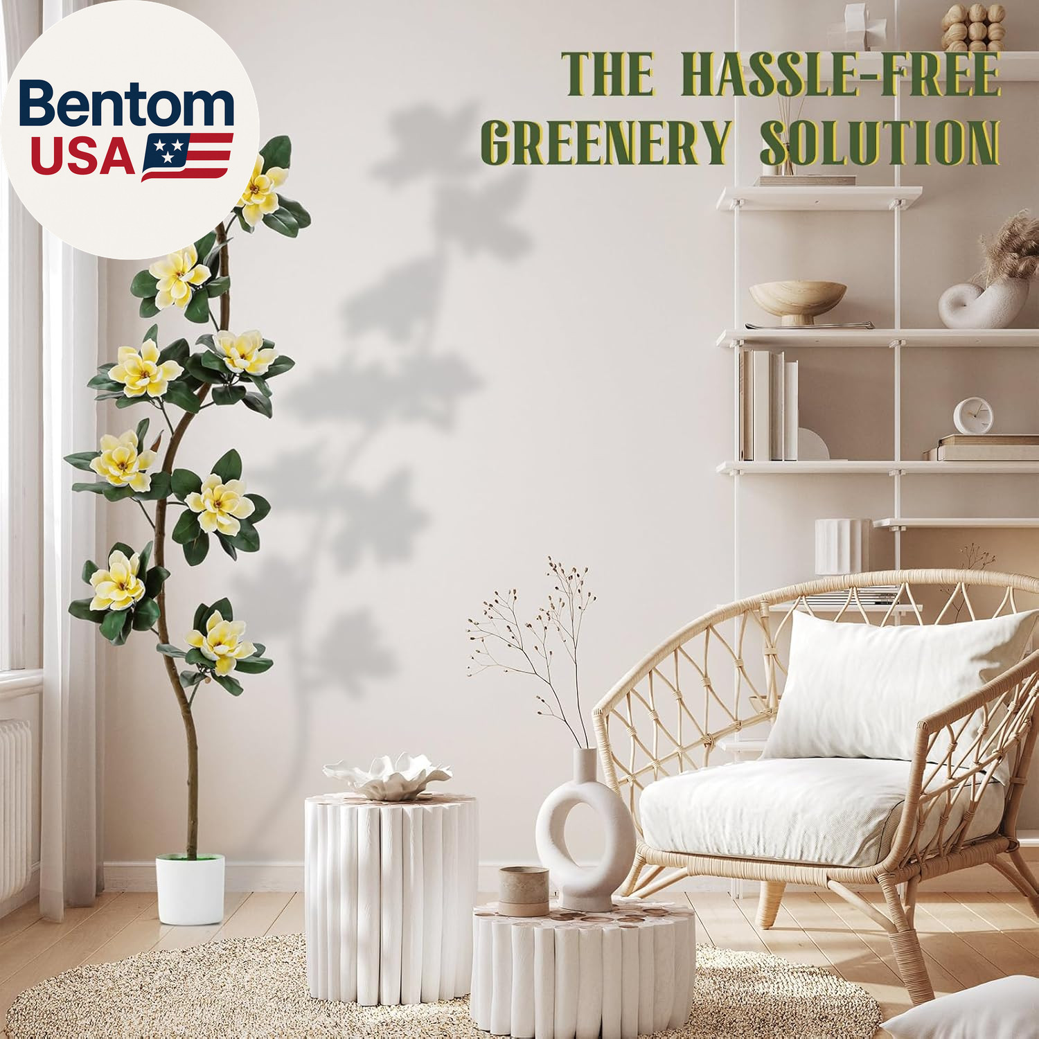 7 Ft Artificial Rubber Tree with 9 Magnolia Flowers in Pot Extra Tall Faux Magno