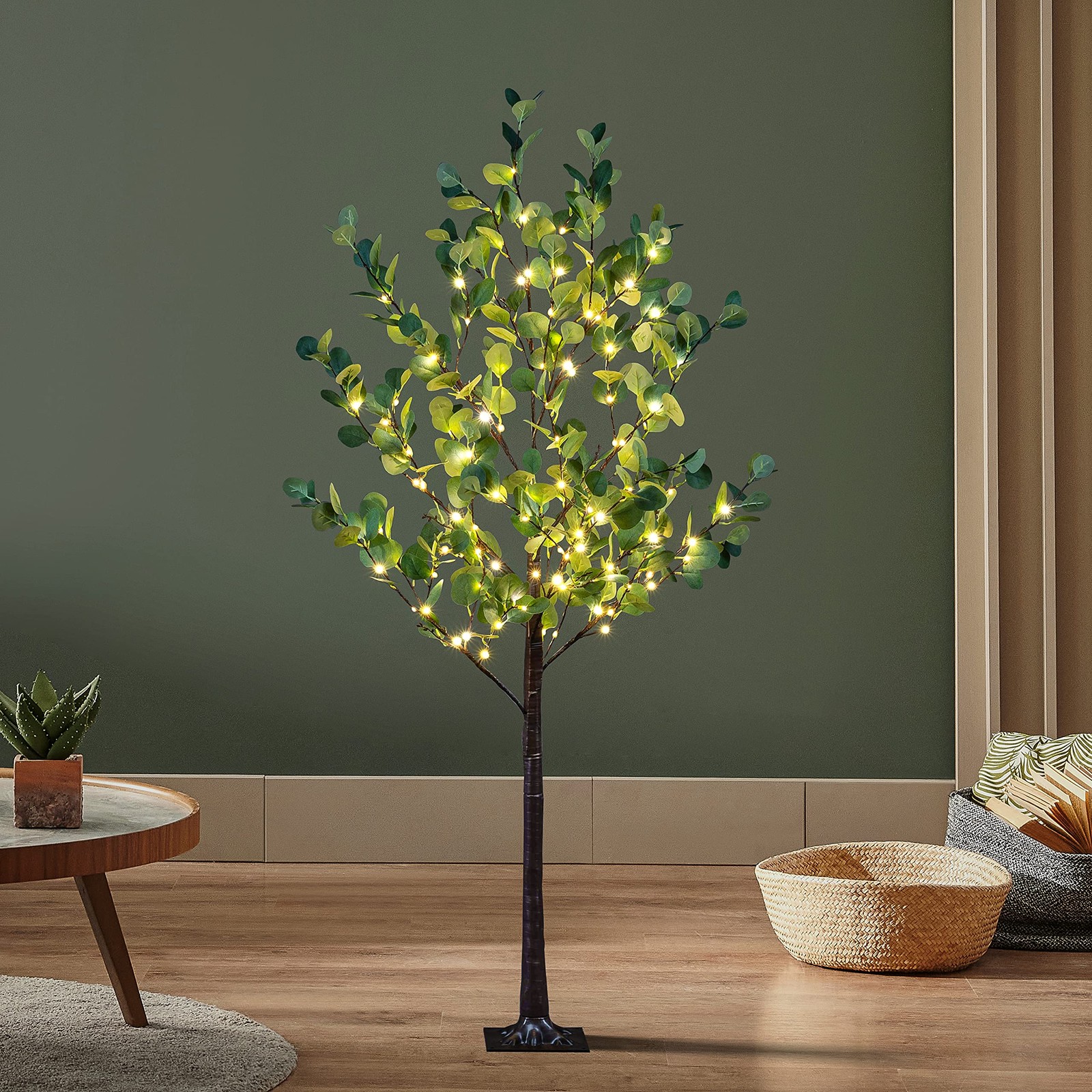 5FT Lighted Eucalyptus Tree 162L Warm White Artificial Greenery with Lights f…