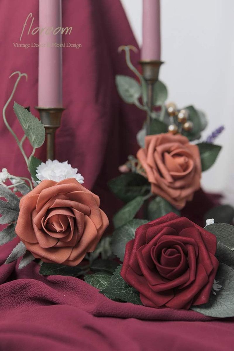 Artificial Flowers 25Pcs Real Looking Burgundy Foam Fake Roses with Stems for DI