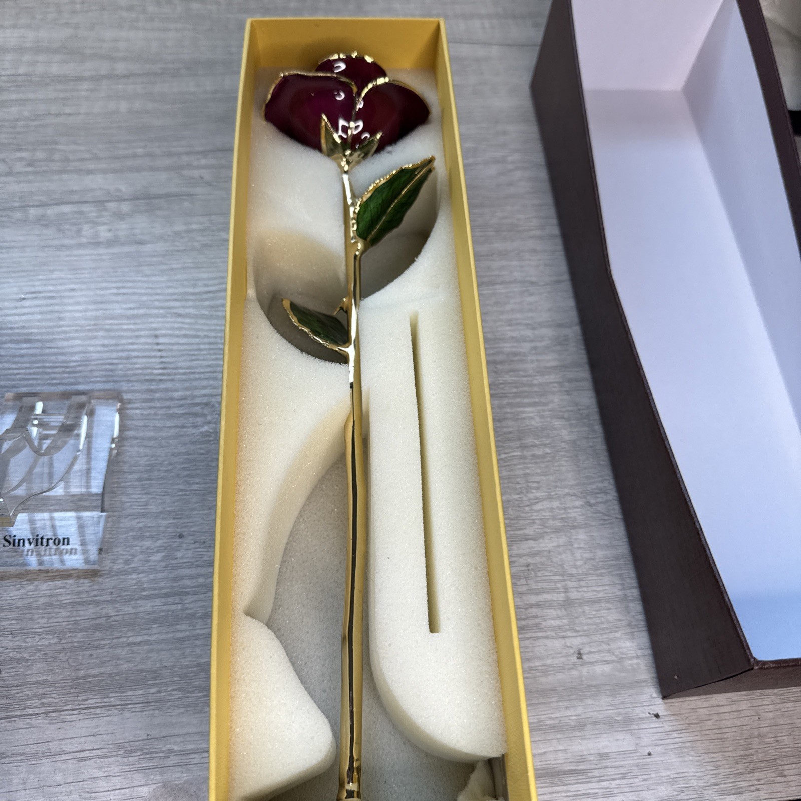 Beautiful Red Jewlers 24Kt Gold Dipped Real Rose Dark Pink/ Purple Box Bag Sta