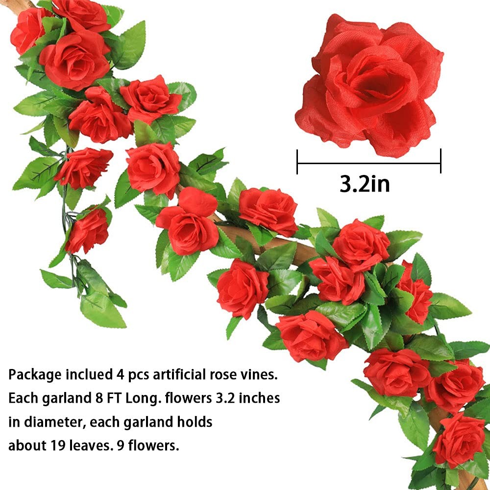 Vopie 4 Pack Fake Rose Vine Flowers Plants 32.2 FT Artificial Flower Hanging …