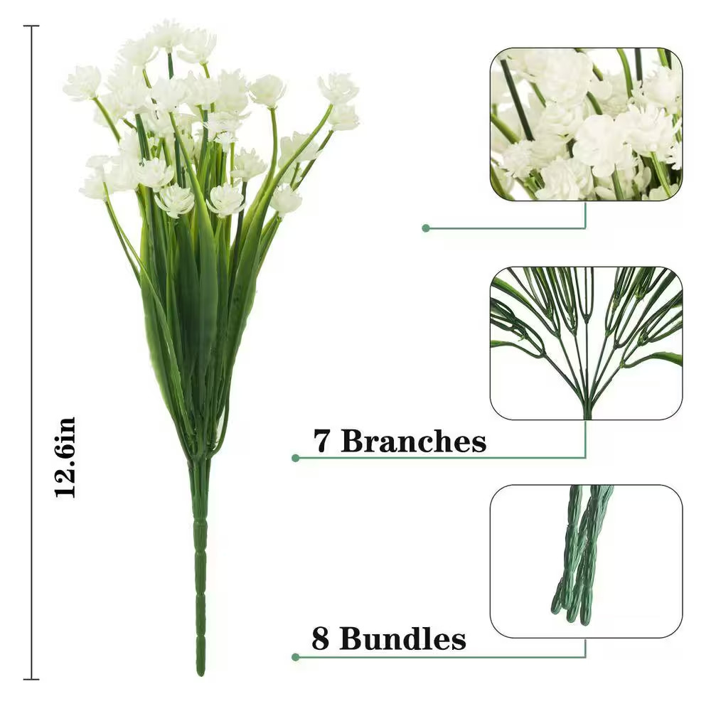 12.6 In. White 8 Bundles Plastic Flowers Outdoor Artificial Fake Flowers, Outdoo
