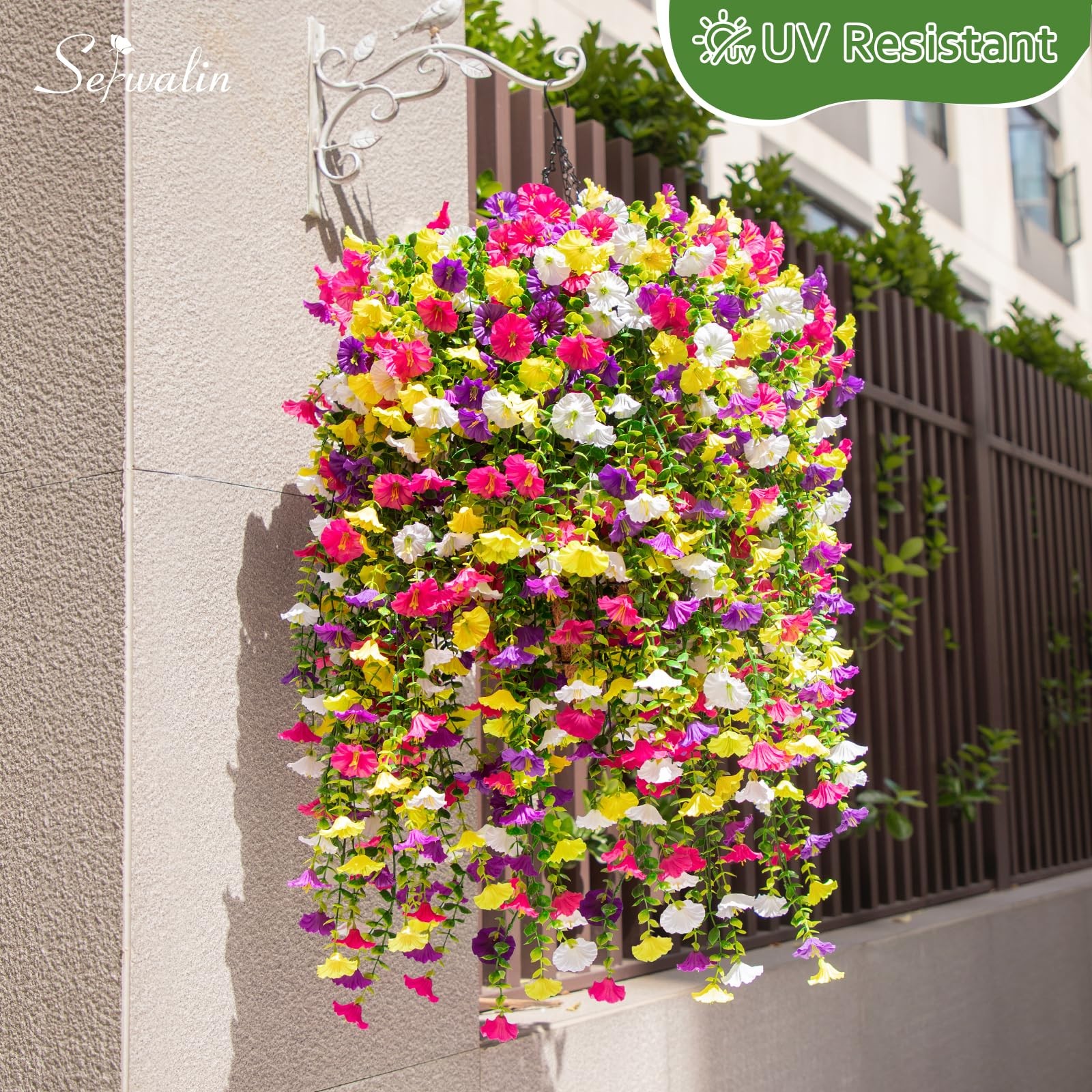 Serwalin Artificial Hanging Flowers for Outdoors UV Resistant, 4PCS Faux Morn…