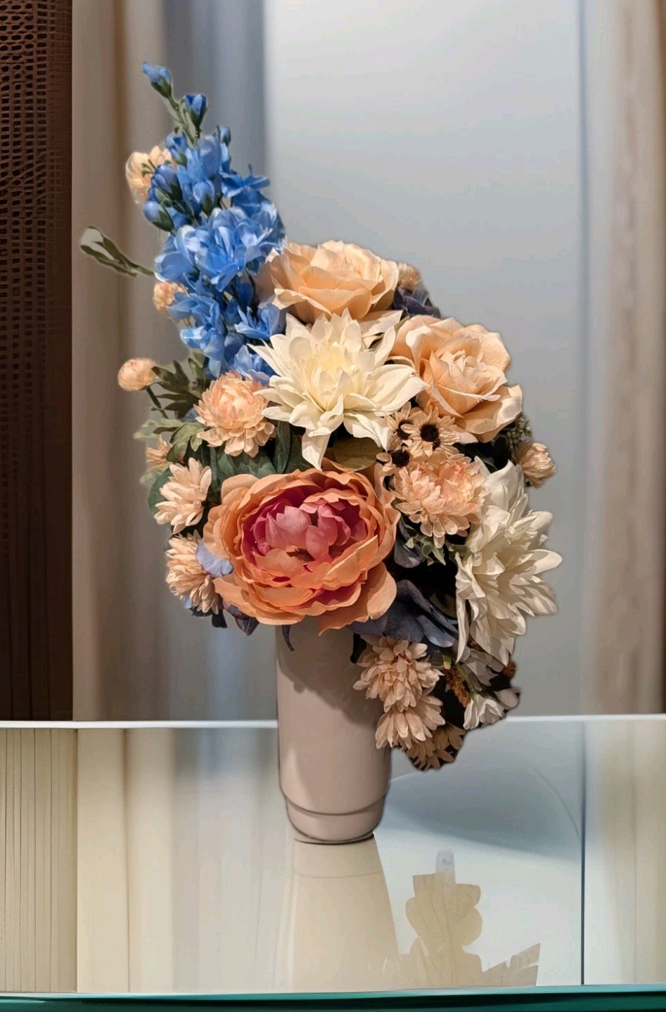 Handmade Artificial Flower Arrangement In Blue, Peach, Ivory