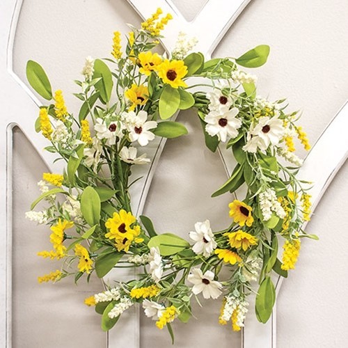 New PRIMITIVE CANDLE RING YELLOW CREAM GREEN Floral WREATH 6.5″x12″-14″ Cottage