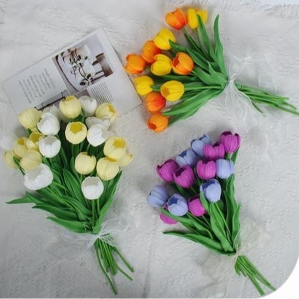 Artificial Tulip Silk Flowers Set with Flexible Stems for Home Wedding Decor