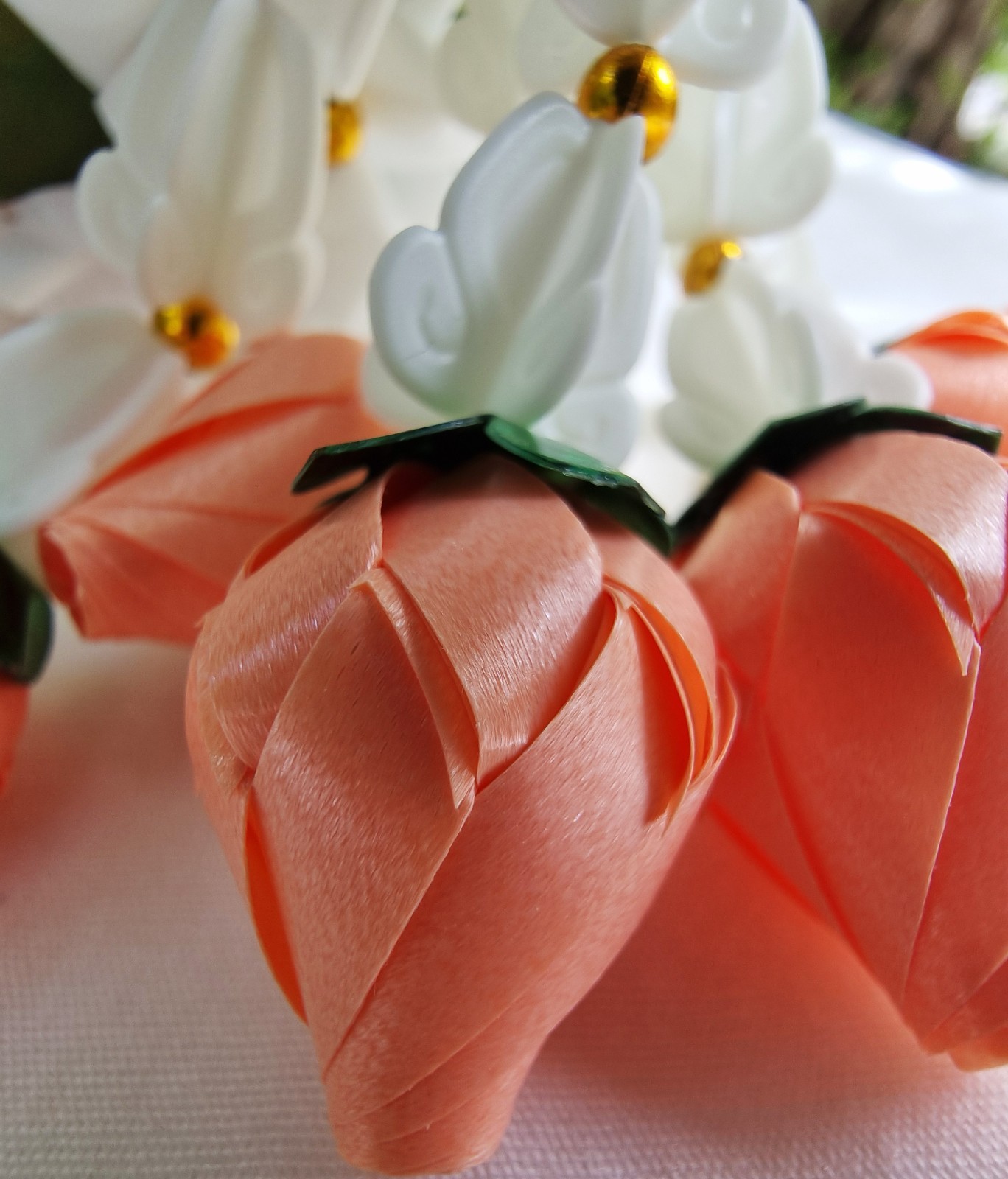 Ribbon folding art, Garland, Artificial Light Orange flowers made from plastic