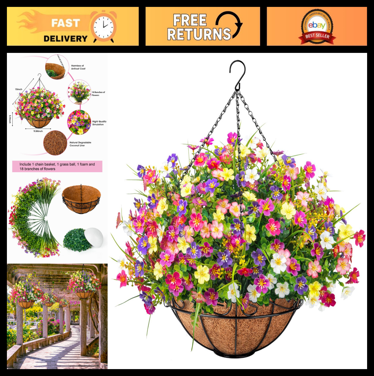 Faux Hanging Flowers in Coconut Basket – Vibrant Silk Plants for Outdoor Decor,