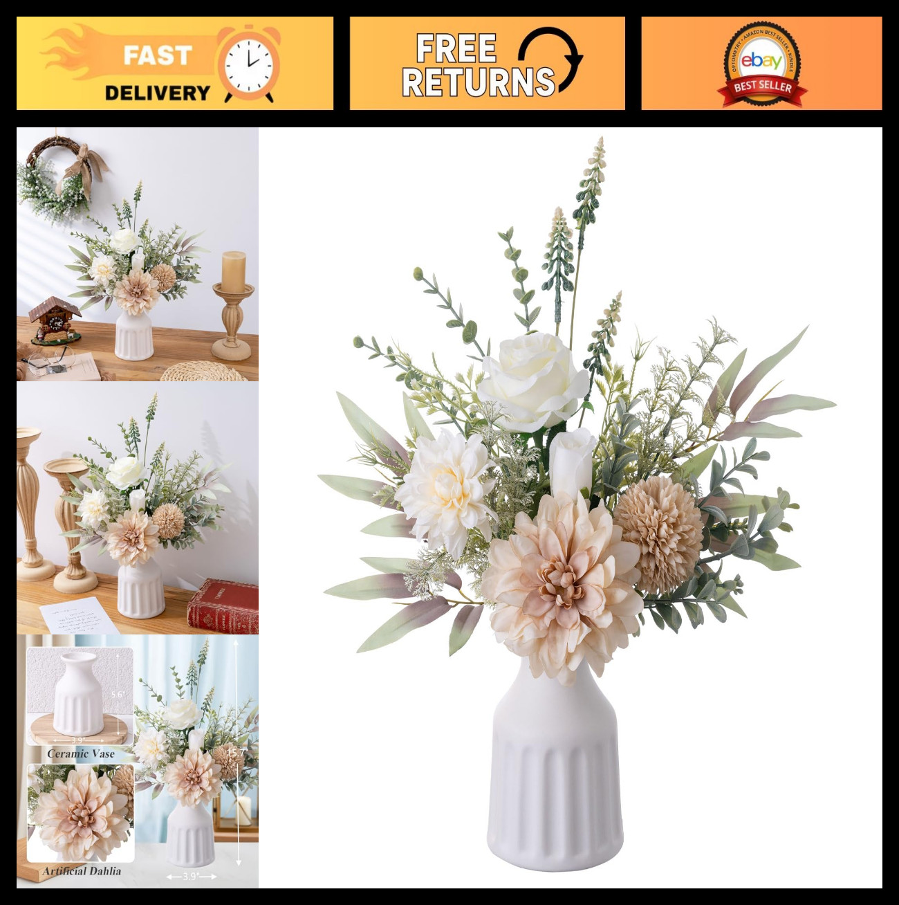Artificial Floral Arrangements in Vase – 15.7” Silk Roses & Faux Dahlia Centerp