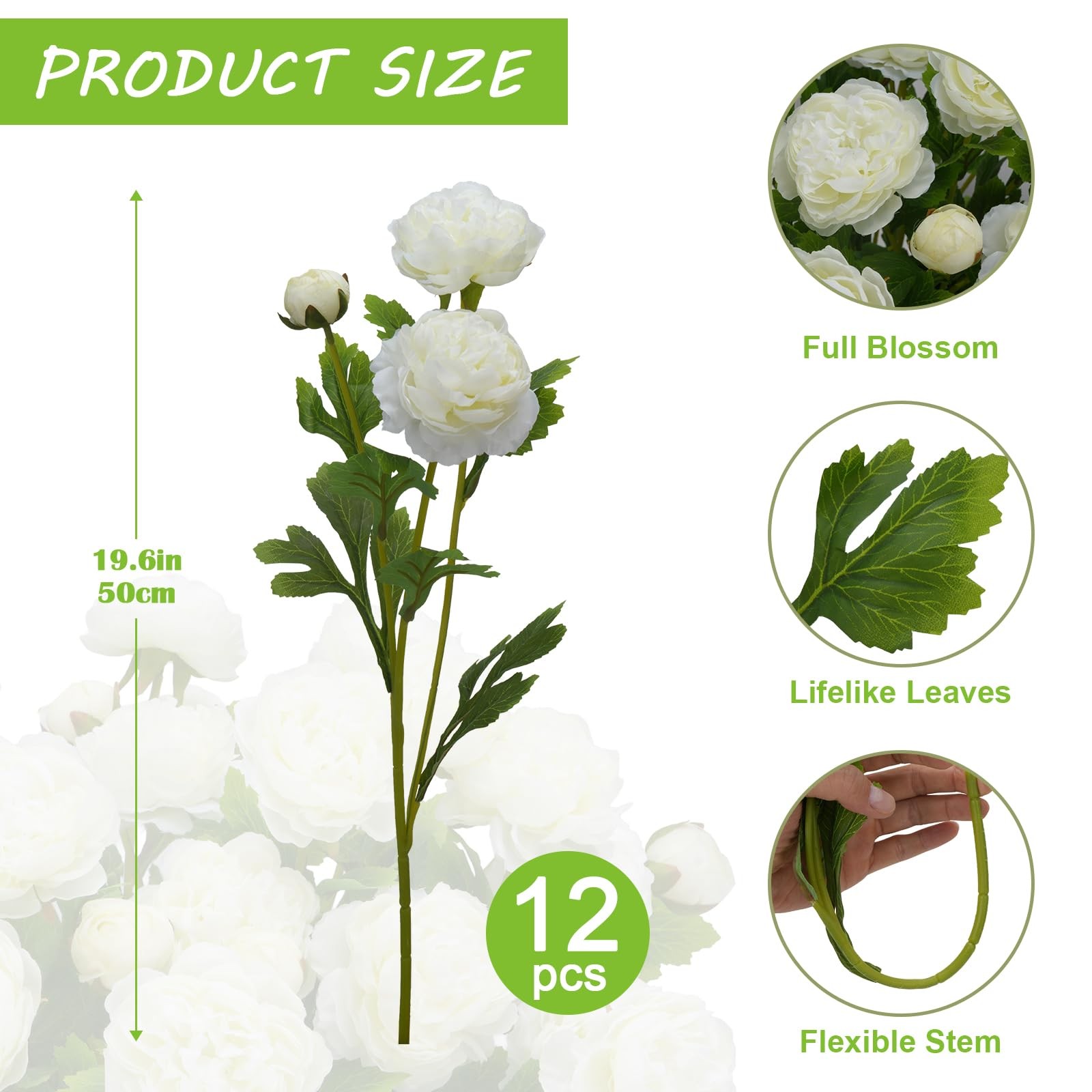 12PCS Ranunculus Artificial Flowers, Faux Flowers for Vase, White, 19.6”