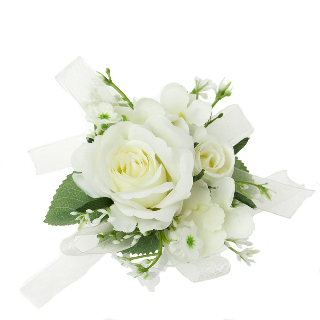 4 PCS Artificial Rose Flowers Wedding Bride Wrist Corsage Hand Floral Ivory