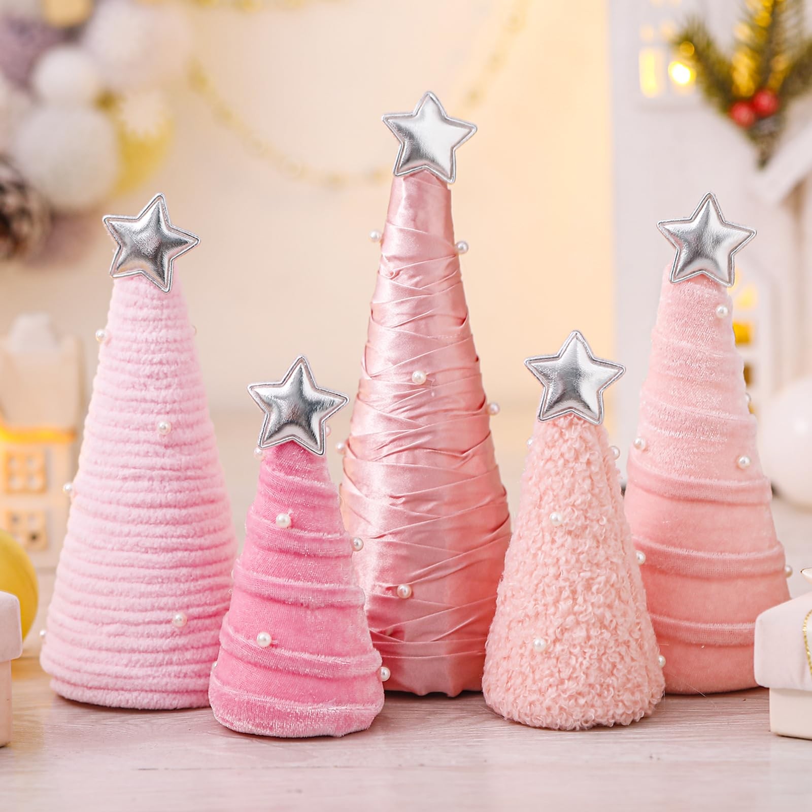 Pink Valentines Day Table Decorations Cone Yarn Tree Velvet Plush Fur 5 PCS